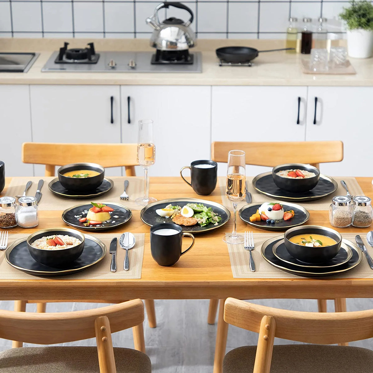 LOVECASA, 16-Piece Stoneware Dinnerware Sets, Dark Green and Gold Dinner Set, for 4 People