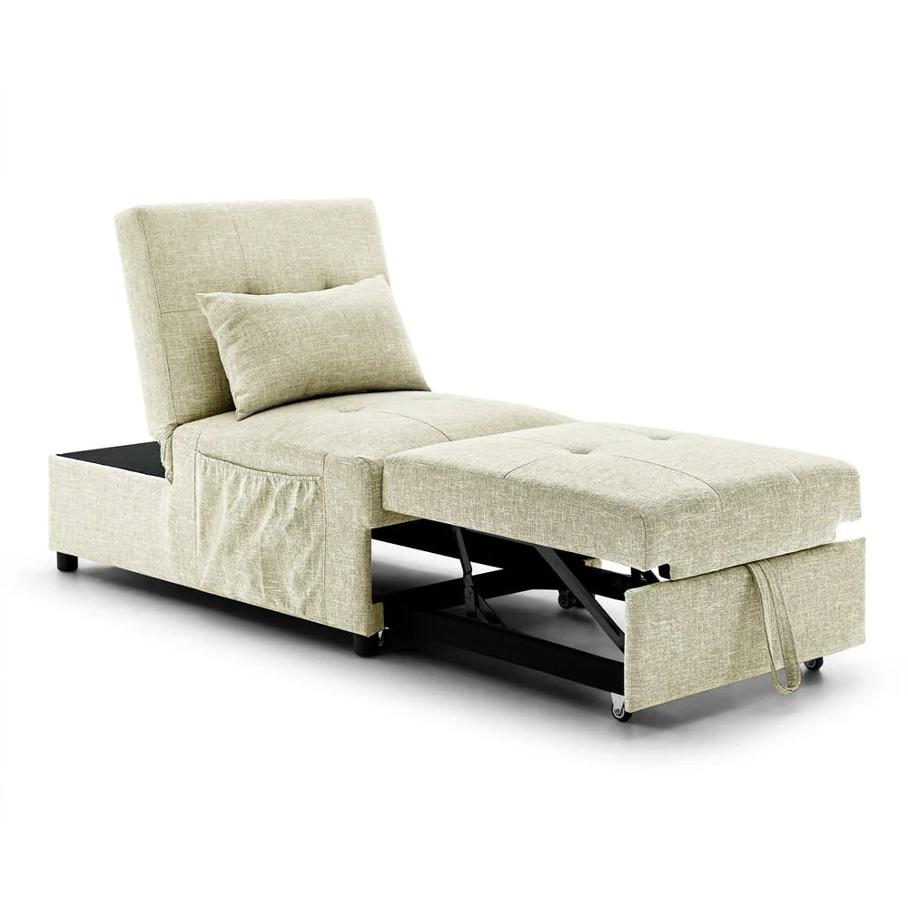 Ottoman Sofa Bed, 4 in 1 Multi-Function Folding Sleeper Couch Bed with Large Pockets and Pillow, Modern Convertible Chaise Lounge Chair with Adjustable Backrest for Living Room Small Apartment, Beige