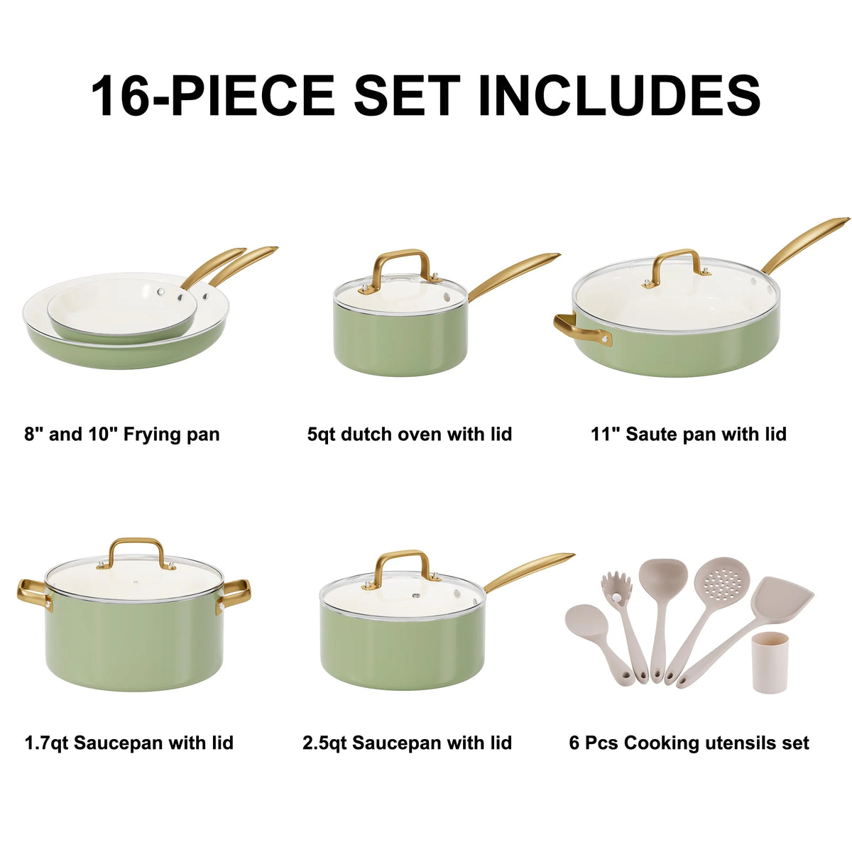 Caannasweis 15 Pieces Ceramic Cookware Sets, Nonstick Pots and Pans Lightweight Cookware Set with Cooking Utensils Set