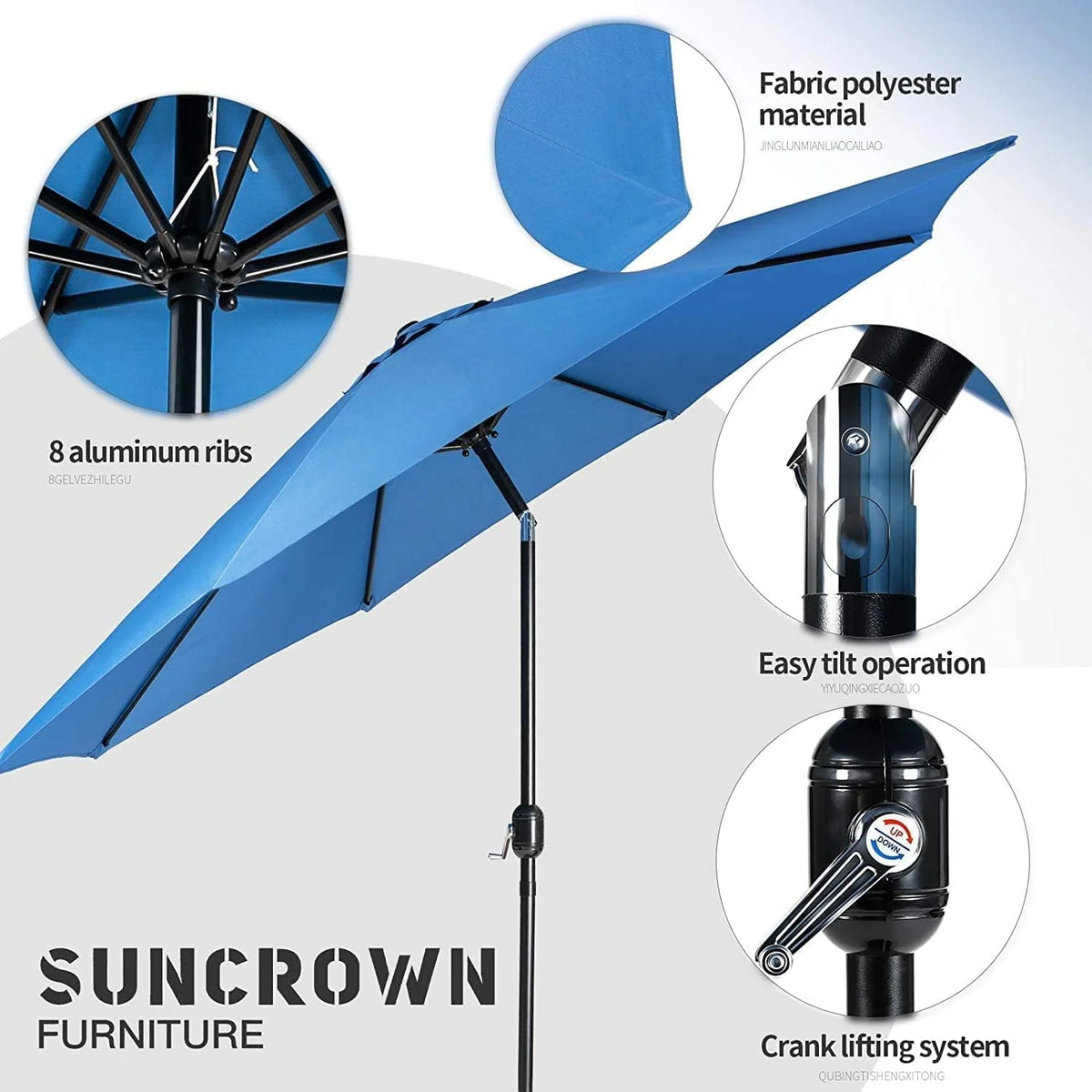 SUNCROWN 5-Piece Outdoor Wrought Iron Chairs and Table Patio Dining Furniture Set - 4 Stackable Metal Chairs, 1 Steel Slat Bistro Table and 1 Sky Blue 9Ft Patio Umbrella for Garden Backyard Deck