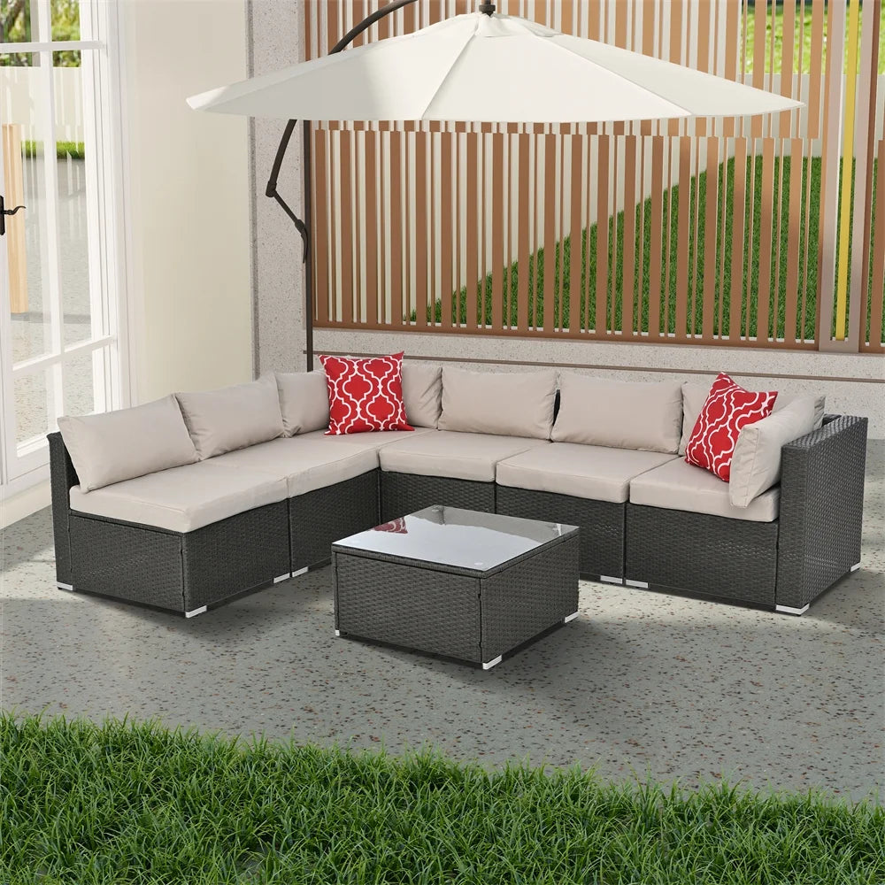 7 Pieces Outdoor Patio Furniture Set, Outdoor Sectional Rattan Sofa, PE Manual Weaving Wicker Patio Conversation Set with Cushion, Glass Table, Pillow, Dark Gray