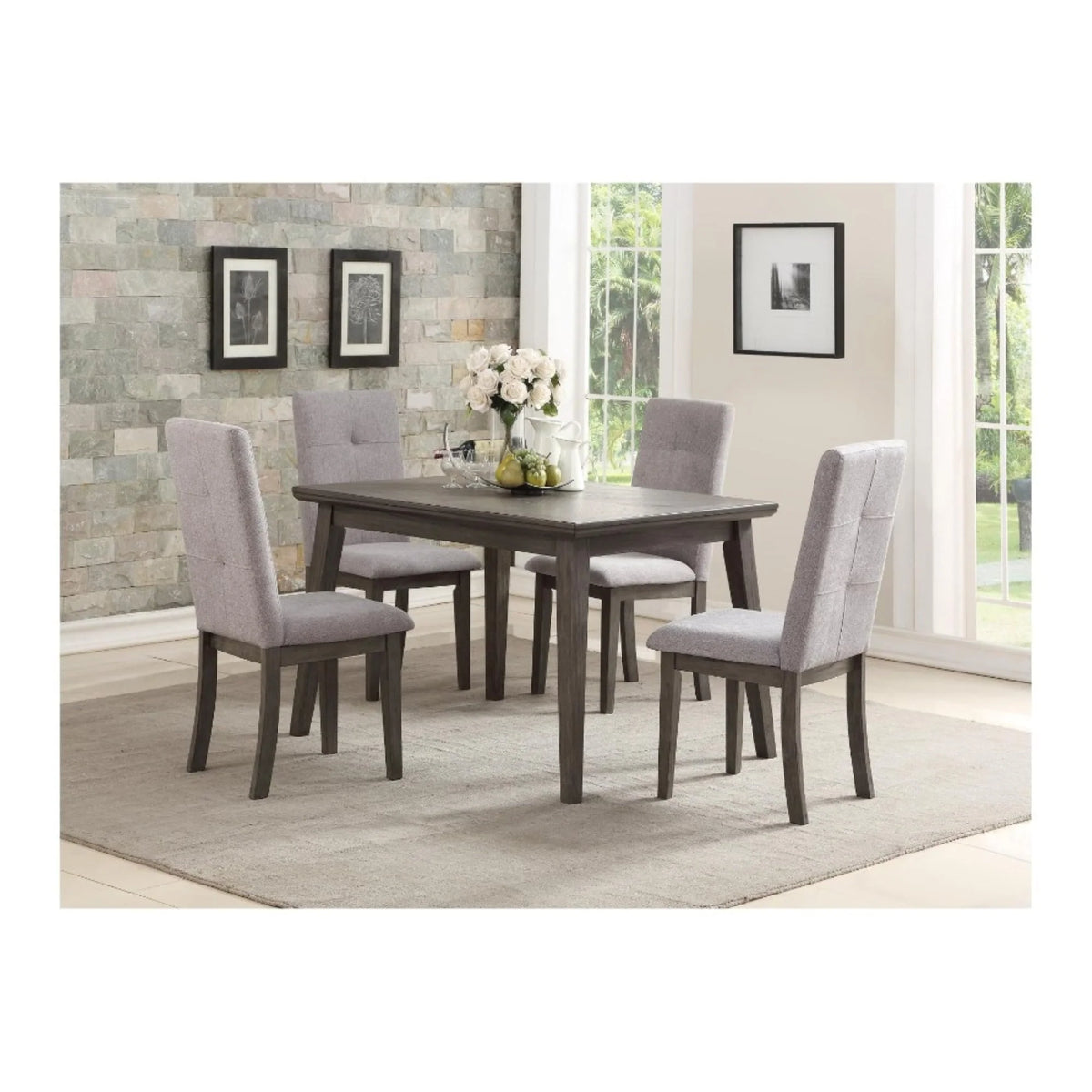 Wood & Fabric Dining Side Chair with Square Tufts, Gray, Set of 2