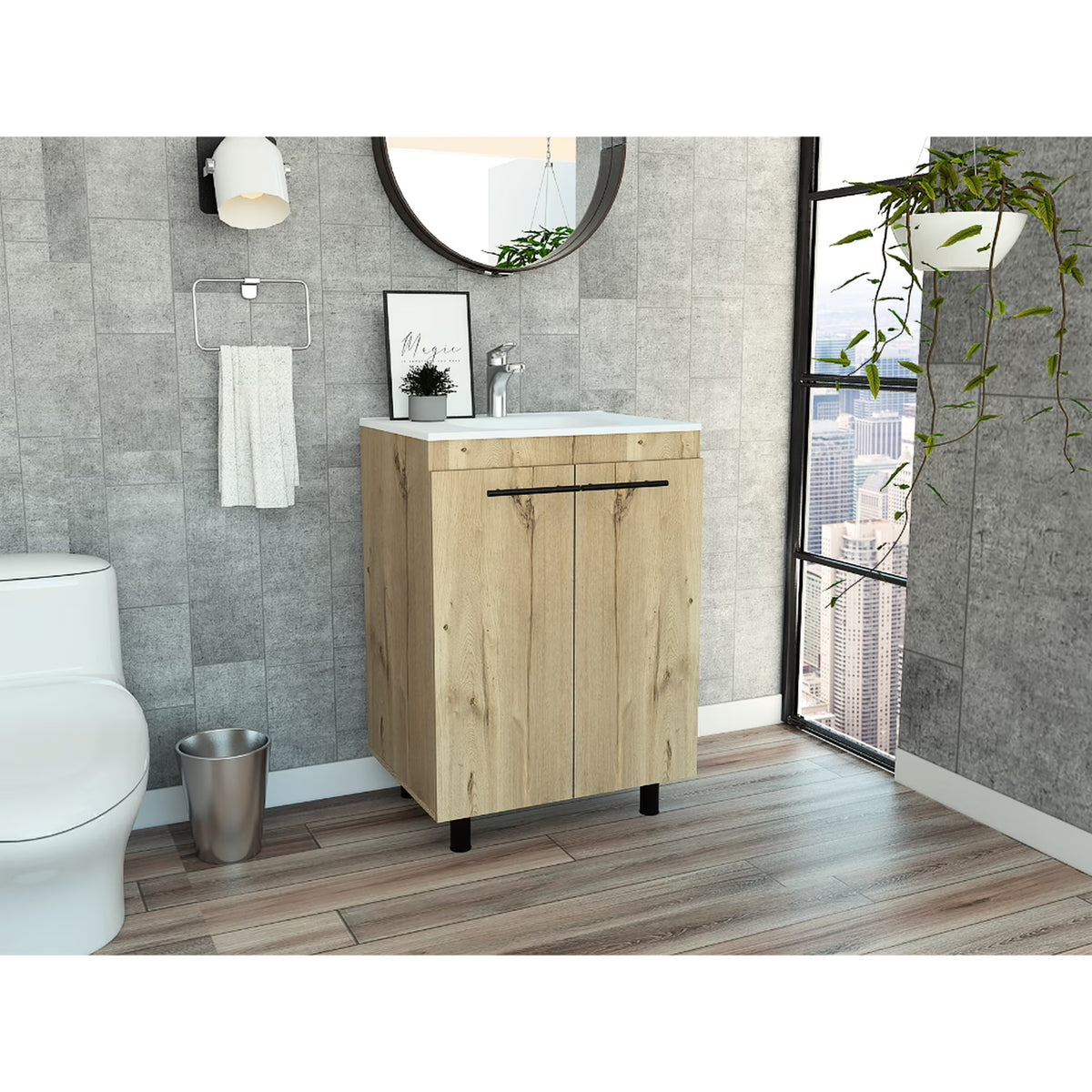 24" Floor Cabinet With Oak Finish, Double-door And Two Shelves - Storage Room Vanity Beige Particle Board Cabinet, Double Door & Spa