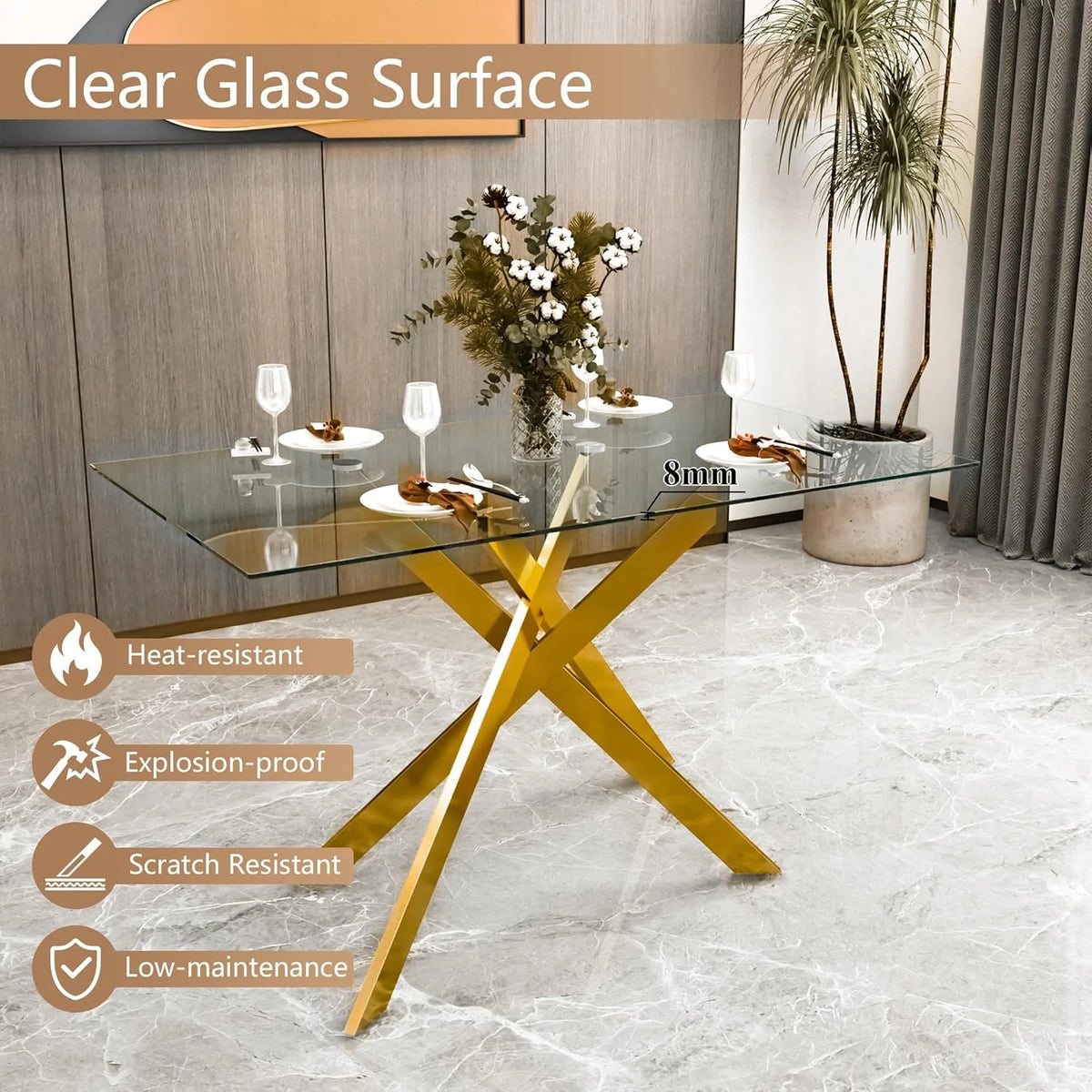 SSYBAB Glass Dining Table for 4 People, 51.2 Inches Rectangular Glass Kitchen Table with Silver Steel Legs, Modern Dining Room Table for Dinner Kitchen Dining Room