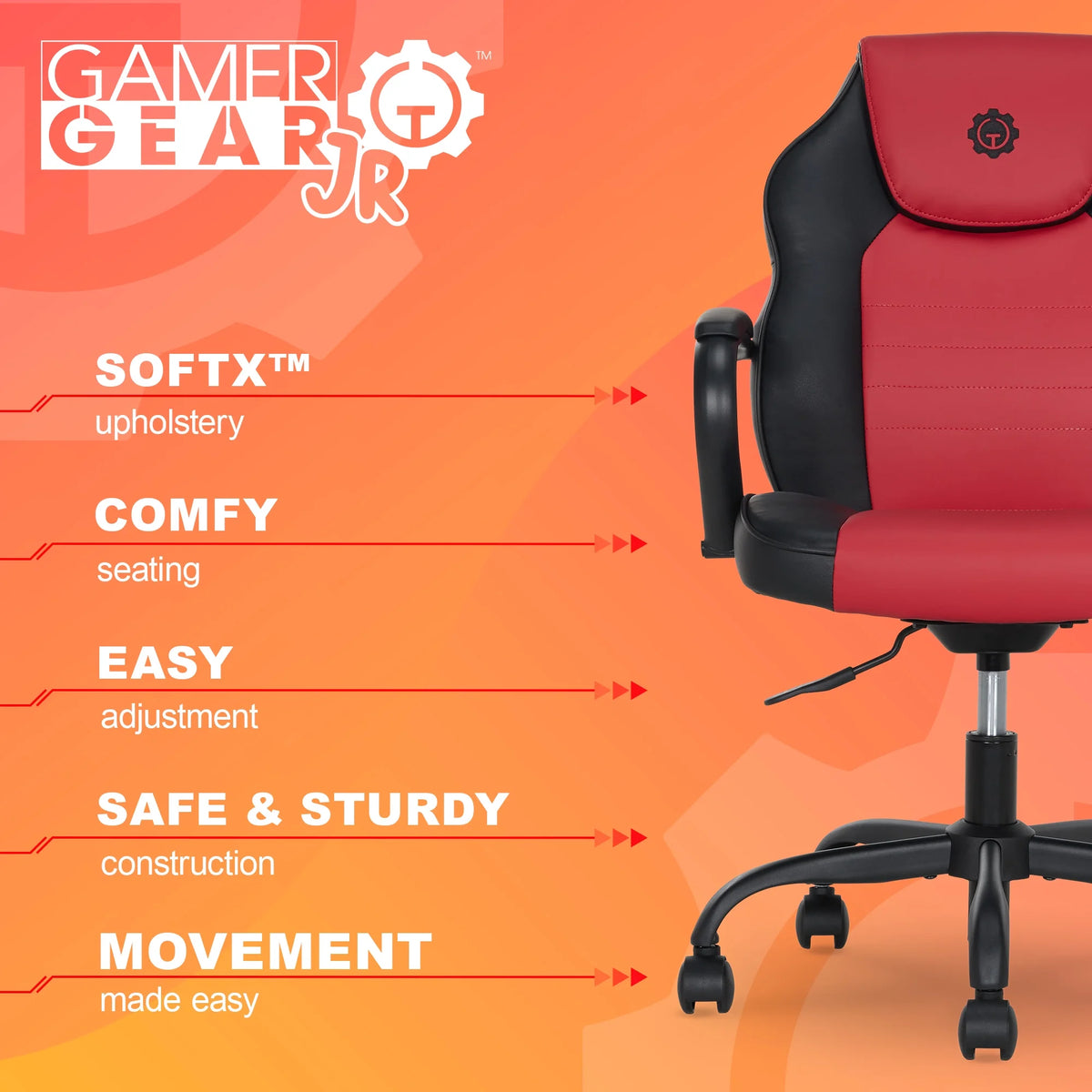 Gamer Gear Jr. Xplorer Gaming and Computer Chair, Kids and Teens Gaming Chair with Padded Arms, Adjustable Height, White and Black