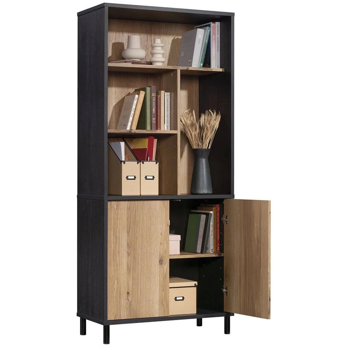 Sauder Acadia Way 5-Shelf Tall Bookcase with Doors, Raven Oak Finish