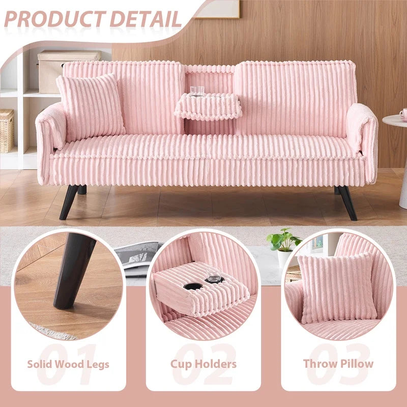 FFH Modern Corduroy Futon Sofa Bed with Adjustable Backrest,Convertible Loveseat Sleeper,Soft Couch with Drop-Down Table and Cup Holder for Living room,Pink