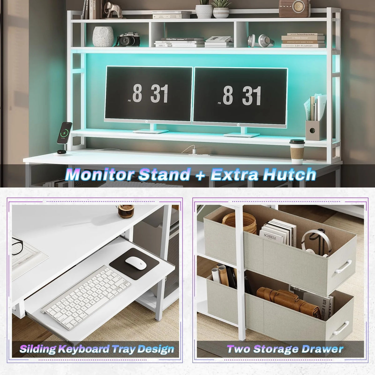 55" Computer Desk with Drawer&Power Outlet, Industrial Home Office Table Gaming Desk PC Study Workstation with Hutch&LED Lights&Adjustable Shelves,White