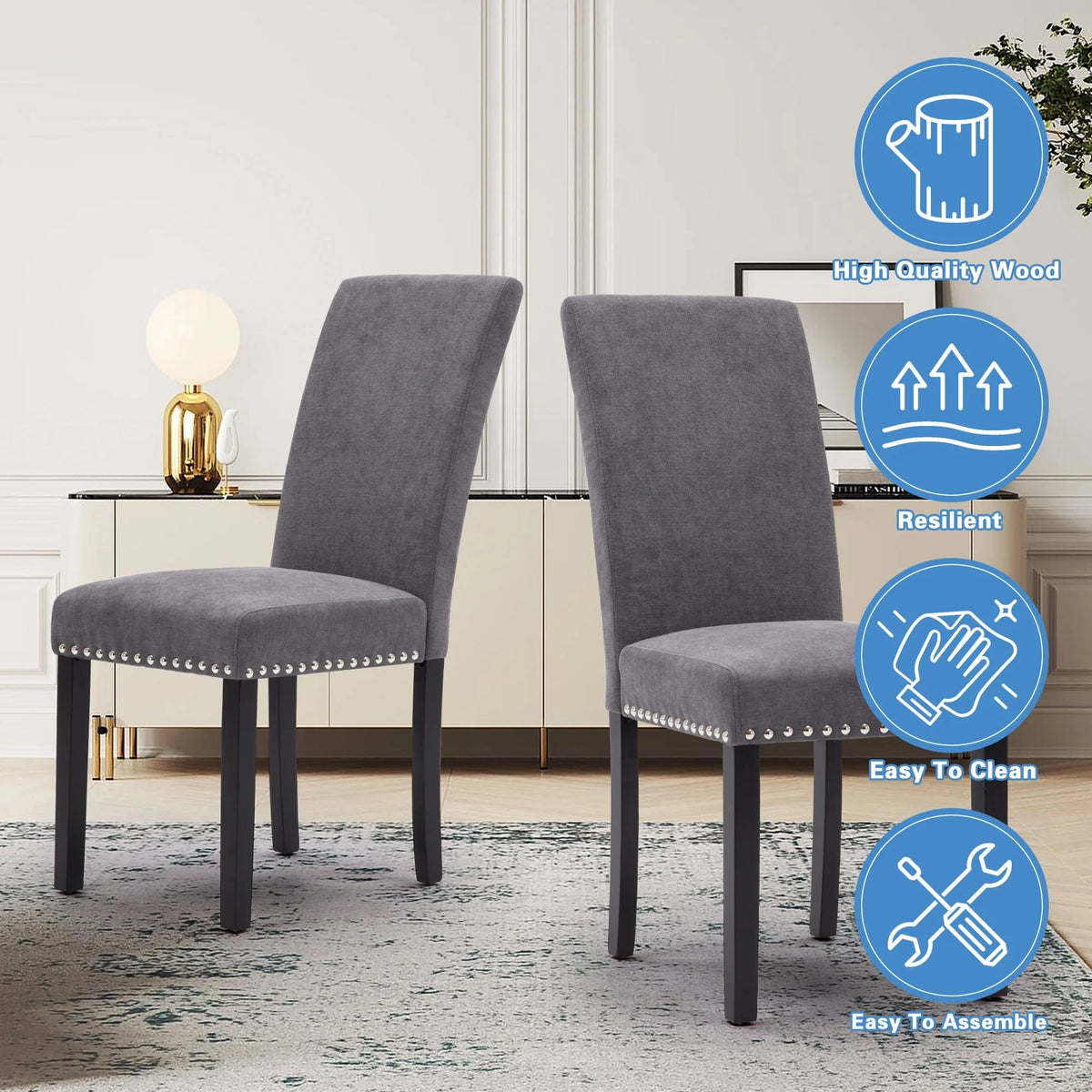 Fabric Upholstered Dining Chair with Silver Nailhead Trim in Gray, Set of 2