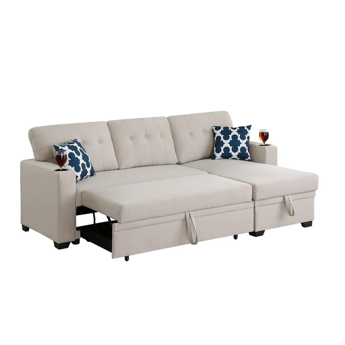 Reversible Fabric Sleeper Sofa Bed & Chaise with Cup Holder-Beige