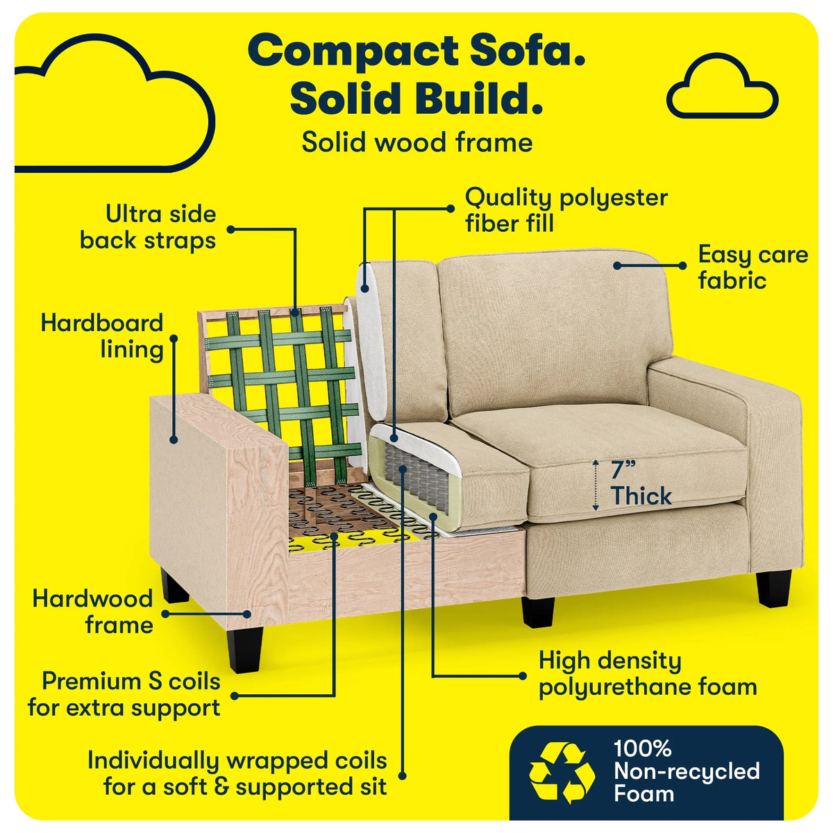 Serta Palisades 61" Track Arm Sofa Loveseat with Removable Covers Beige
