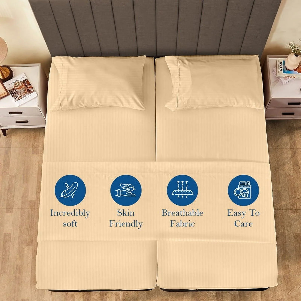 5-Piece Split Queen Sheet Set, 800 Thread Count, 100% Egyptian Cotton, Color Aqua Blue Stripe Pattern, Fits 16-Inch Deep Mattresses