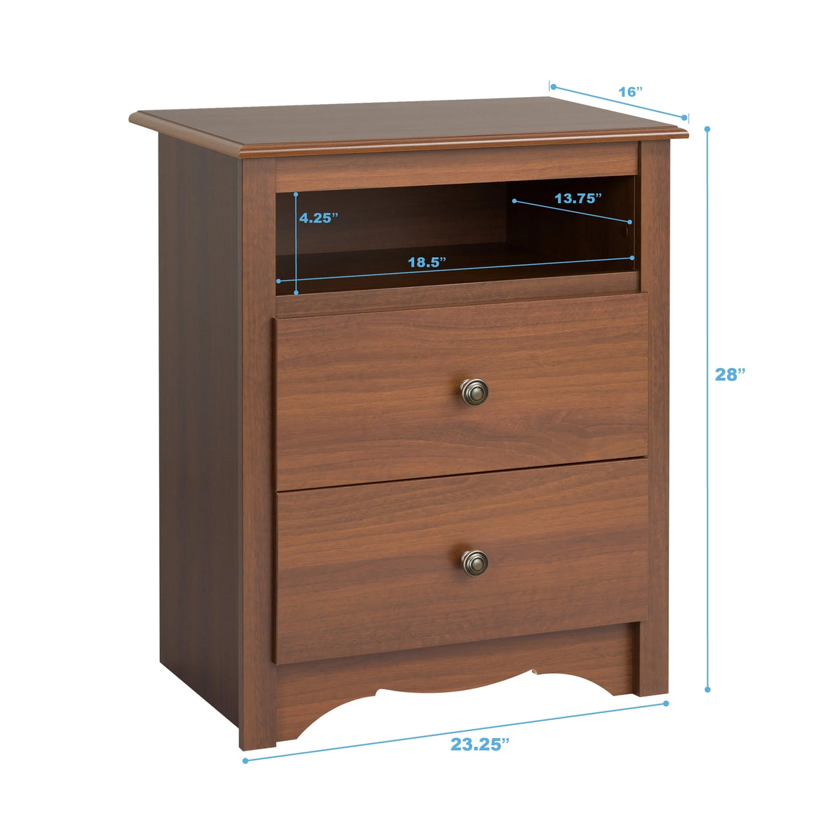 Prepac Sonoma 2 Drawer Tall Bedroom Nightstand With Open Shelf, Cherry