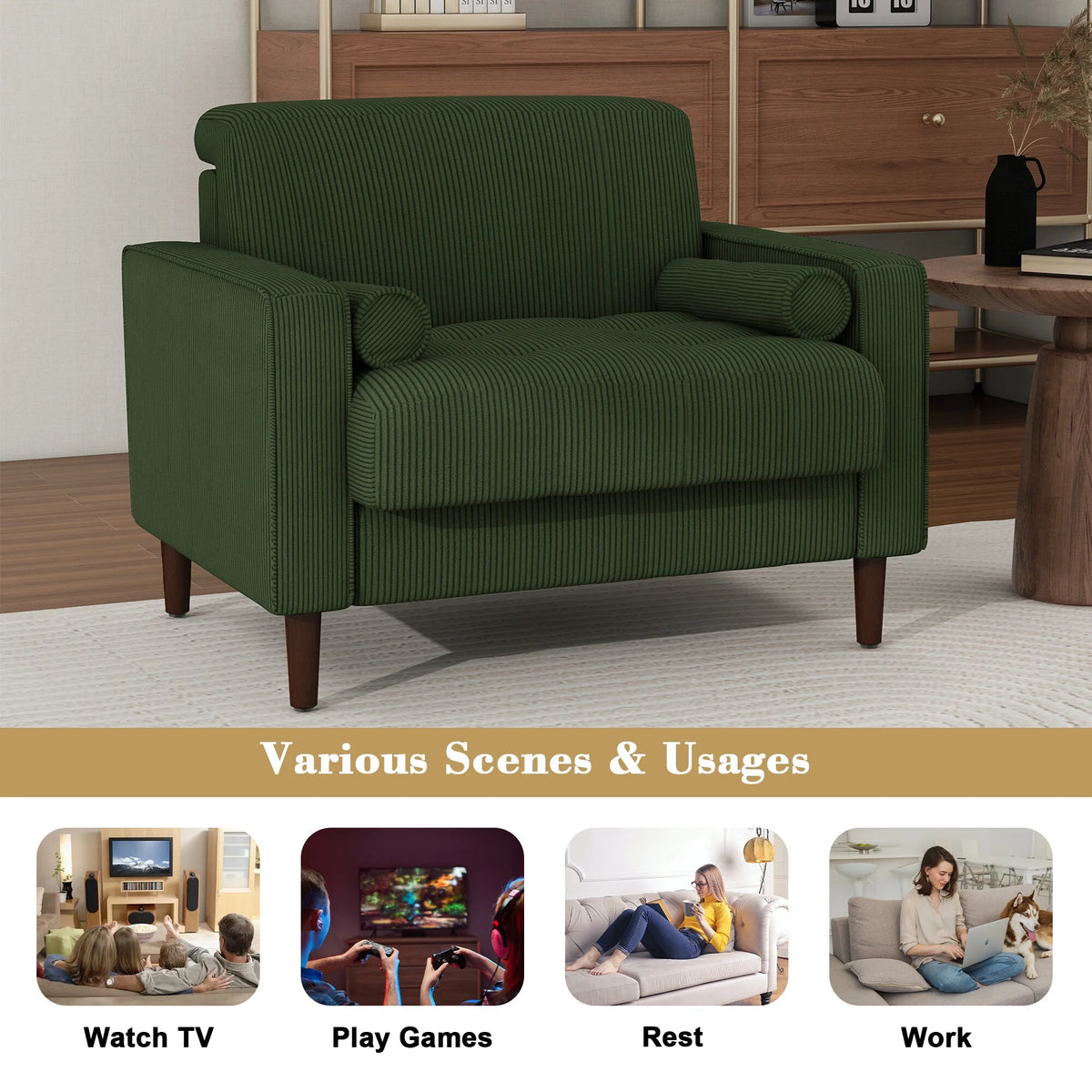 UIXE Corduroy Accent Chair Modern Upholstered Arm Chairs Comfy Reading Armchair with Pillow Armrest Tufted Living Room Single Sofa Lounge Seat, Yellow