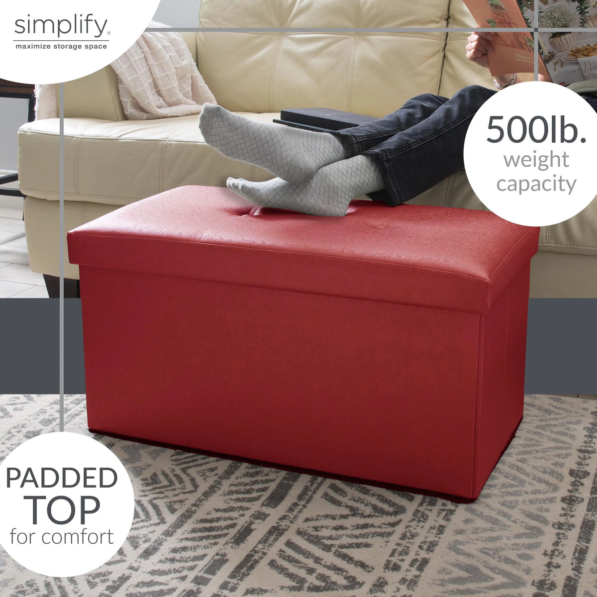 Simplify Faux Leather Double Folding Storage Ottoman in Red