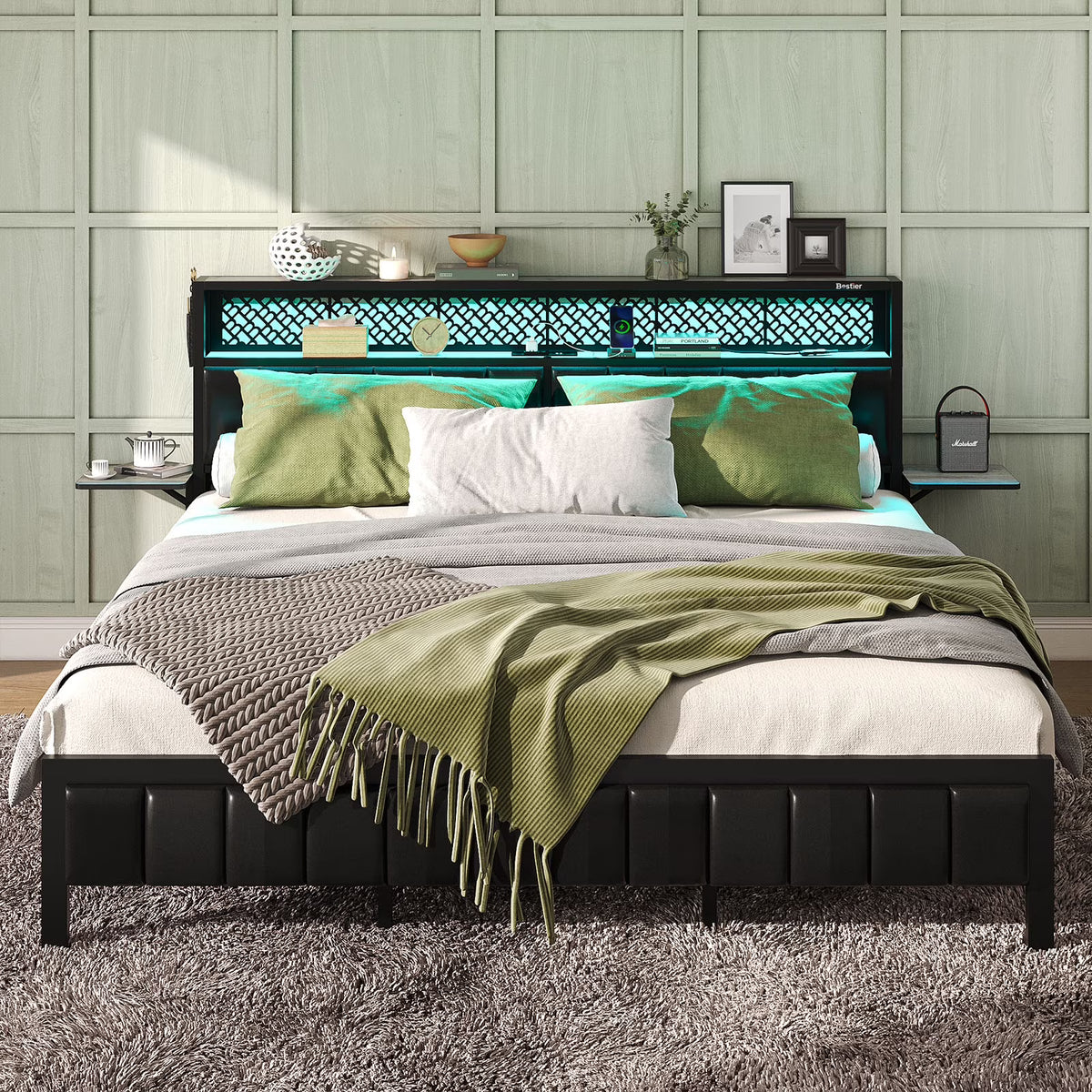 Bestier Queen Size Platform Bed Frame with Wood Foldable Bedside Shelves and LED Storage Headboard Charge Station, Gray