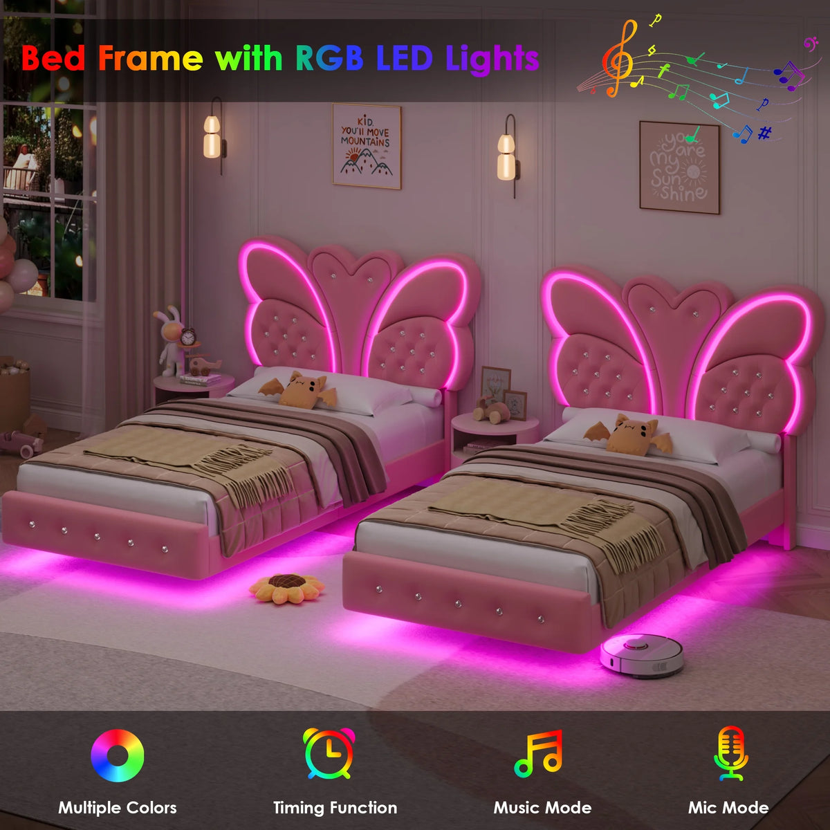 Homfa Twin Size Velvet Upholstered Bed with LED Lights, Floating Platform Bed Frame with Butterfly Crystal Button Tufted Headboard, Pink