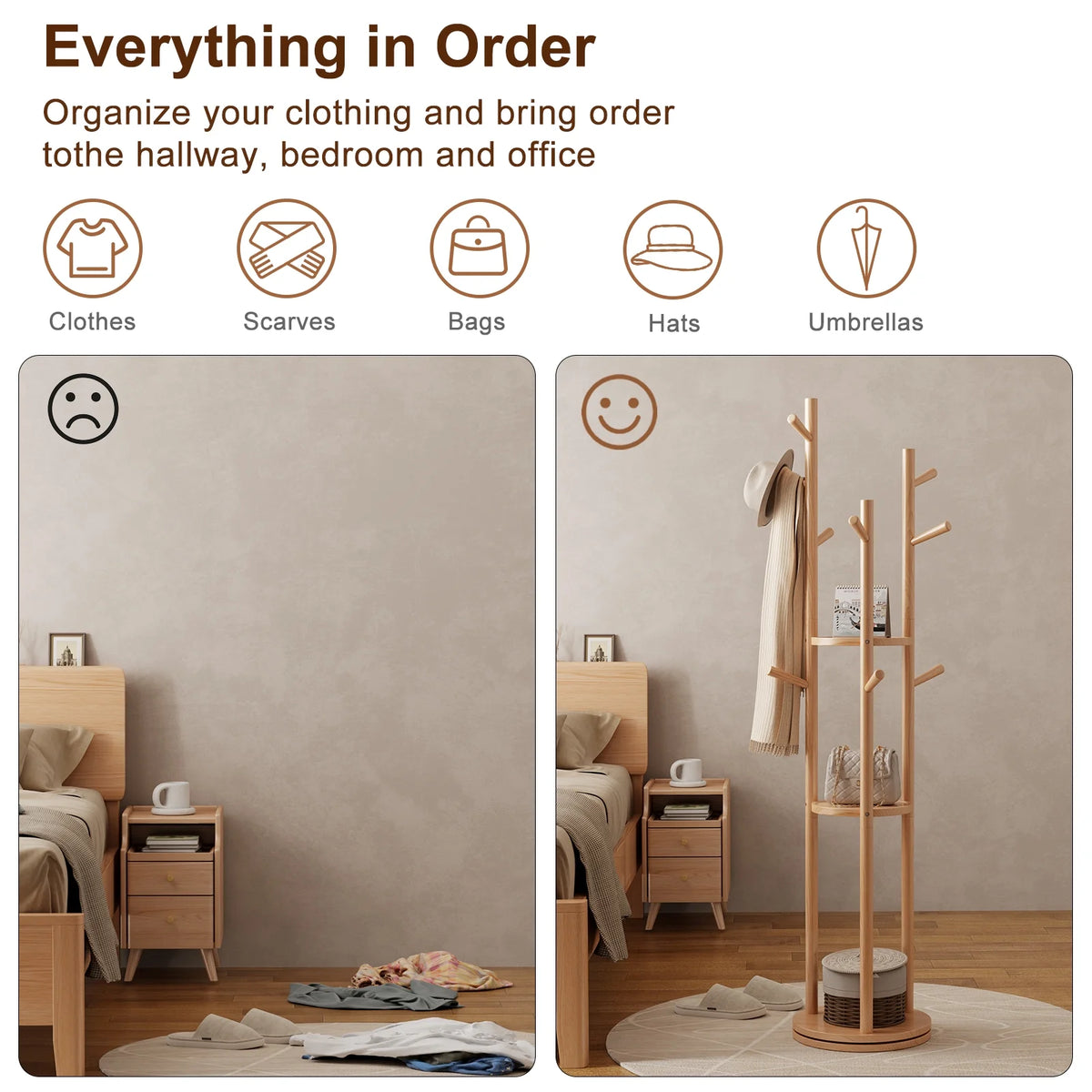KASLANDI Solid Wood Rotary Coat Rack with 3 Shelves & 9 Hooks, Freestanding Hall Tree Stand, Coat Tree for Entryway, Living Room, Walnut, Easy Assembly