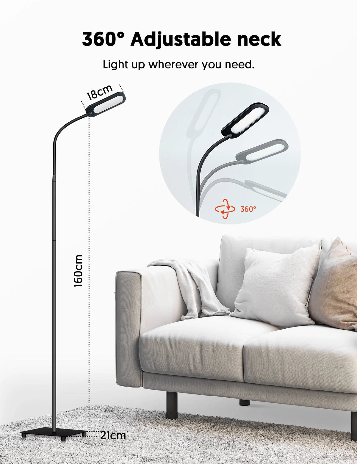 TECKIN Floor Lamp, Dimmable Black Lamp with 5 Color& 4 Brightness and Adjustable Gooseneck