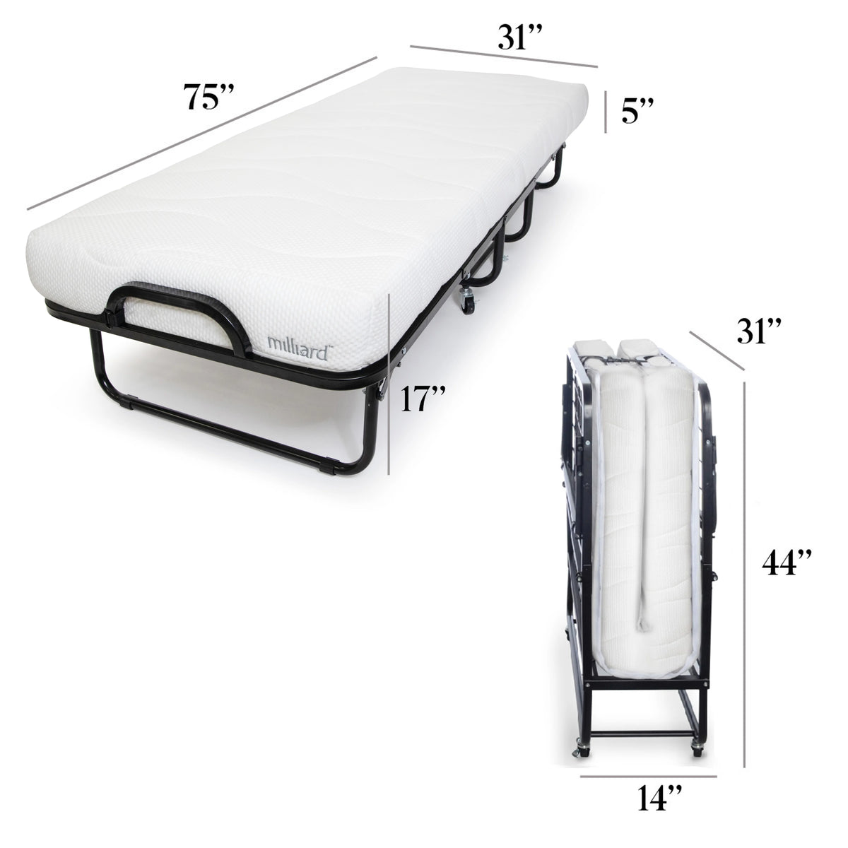 Milliard Diplomat Adjustable Size Modern Folding Bed with Memory Foam Mattress