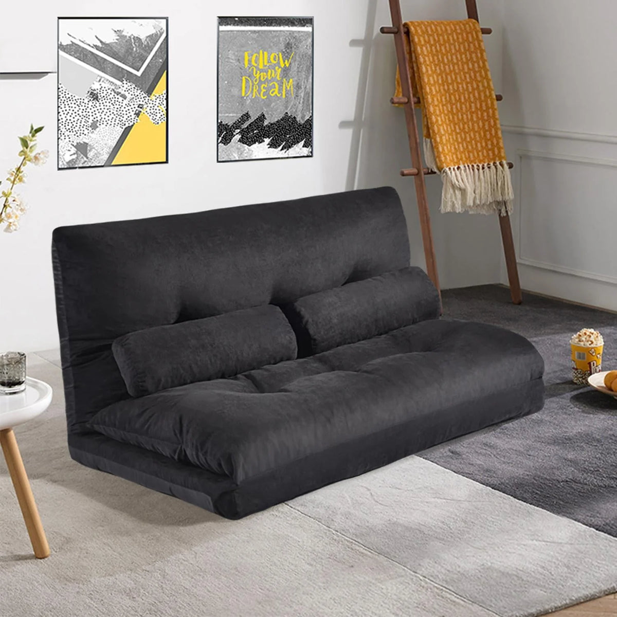 Folding Floor Sofa Bed with 5-Position Adjustable Recliner Lazy Sofa Video Gaming Sofa,Lounge Sofa with Two Pillows, Black