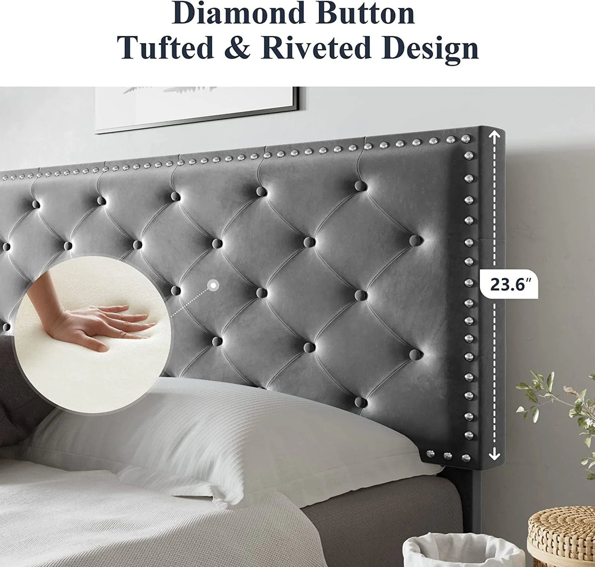 Allewie King Size Bed Frame, Velvet Upholstered Platform Bed with Adjustable Diamond Button Tufted & Nailhead Trim Headboard, Light Grey