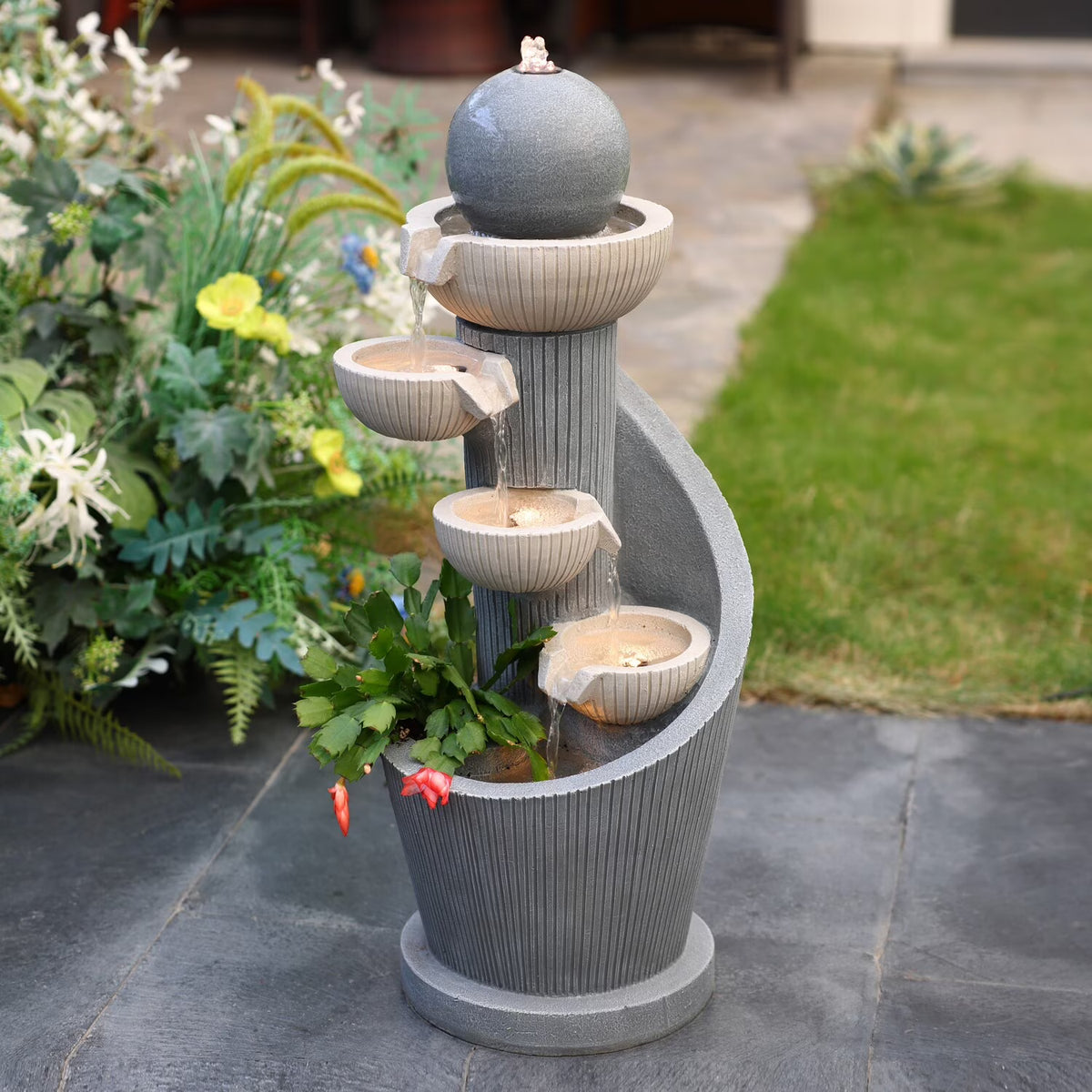 LuxenHome Outdoor Water Fountain, 29 Inch Resin Cascading Water Fountains Indoor with LED Lights