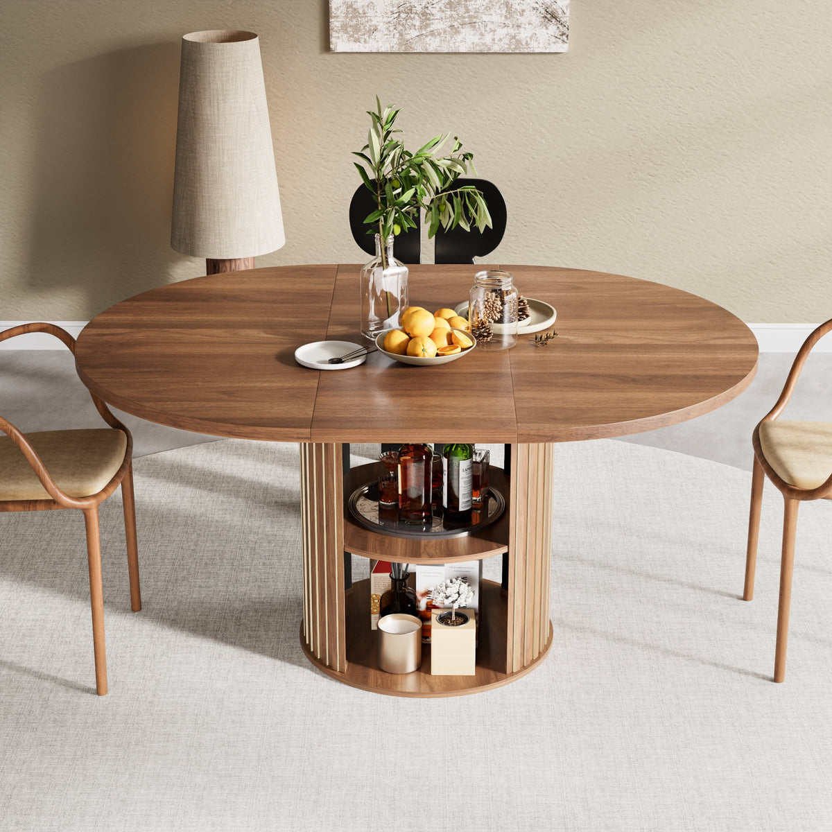 Extendable Dining Table for 4-6, Round Kitchen Table with Storage Shelf, Oval Dining Tables for Living Room (Walnut)