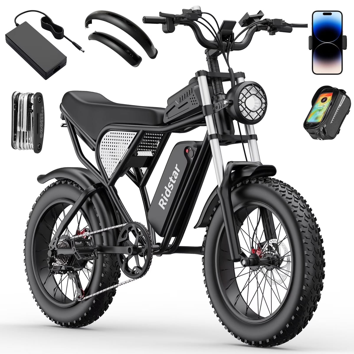 Ridstar 1500W Electric Bike for Adults,33MPH 48V 20Ah Electric Bicycle ,20" Fat Tire Full Suspension Mountain Bike UL2849
