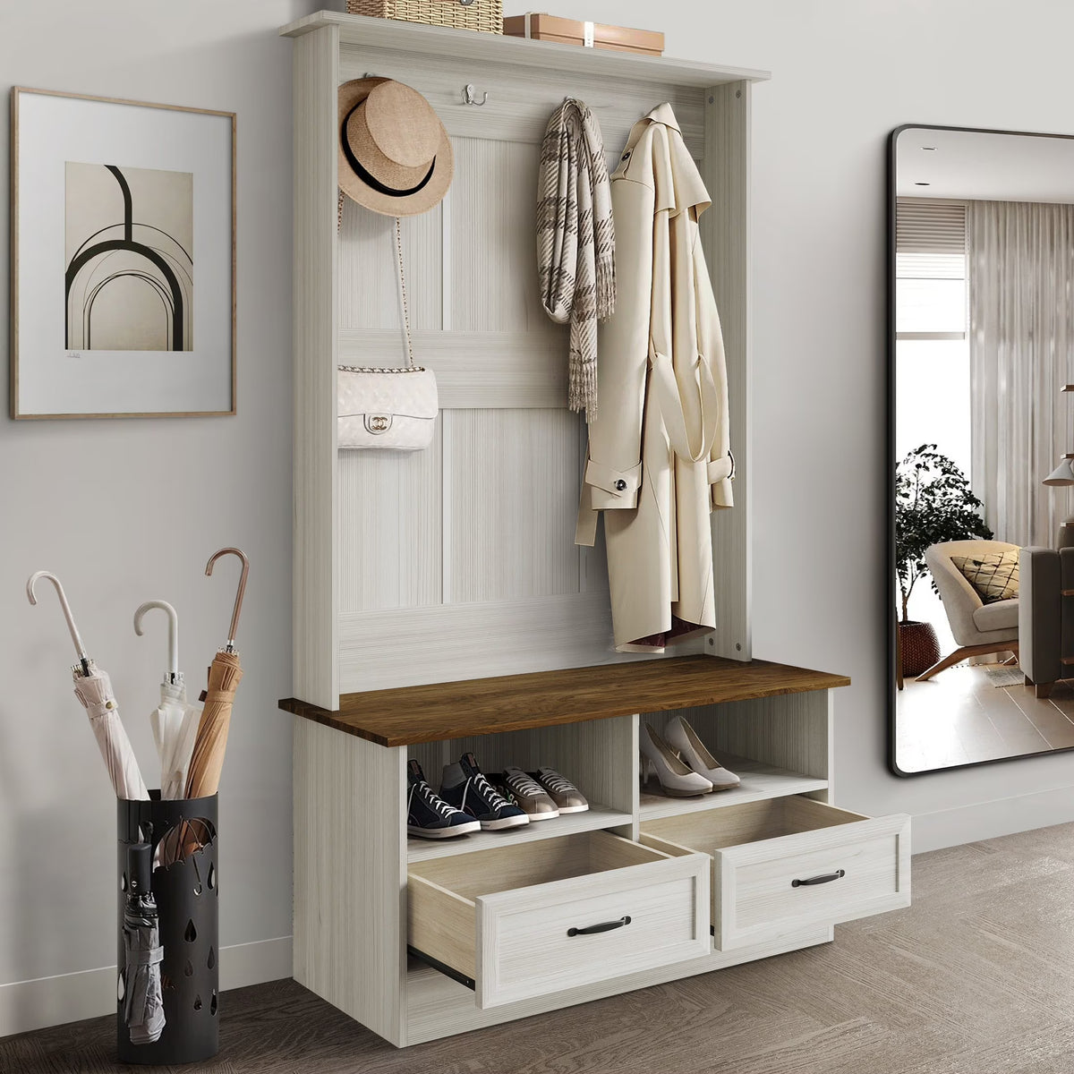 Castle Place Contemporary Hall Tree with Storage Cabinet, White