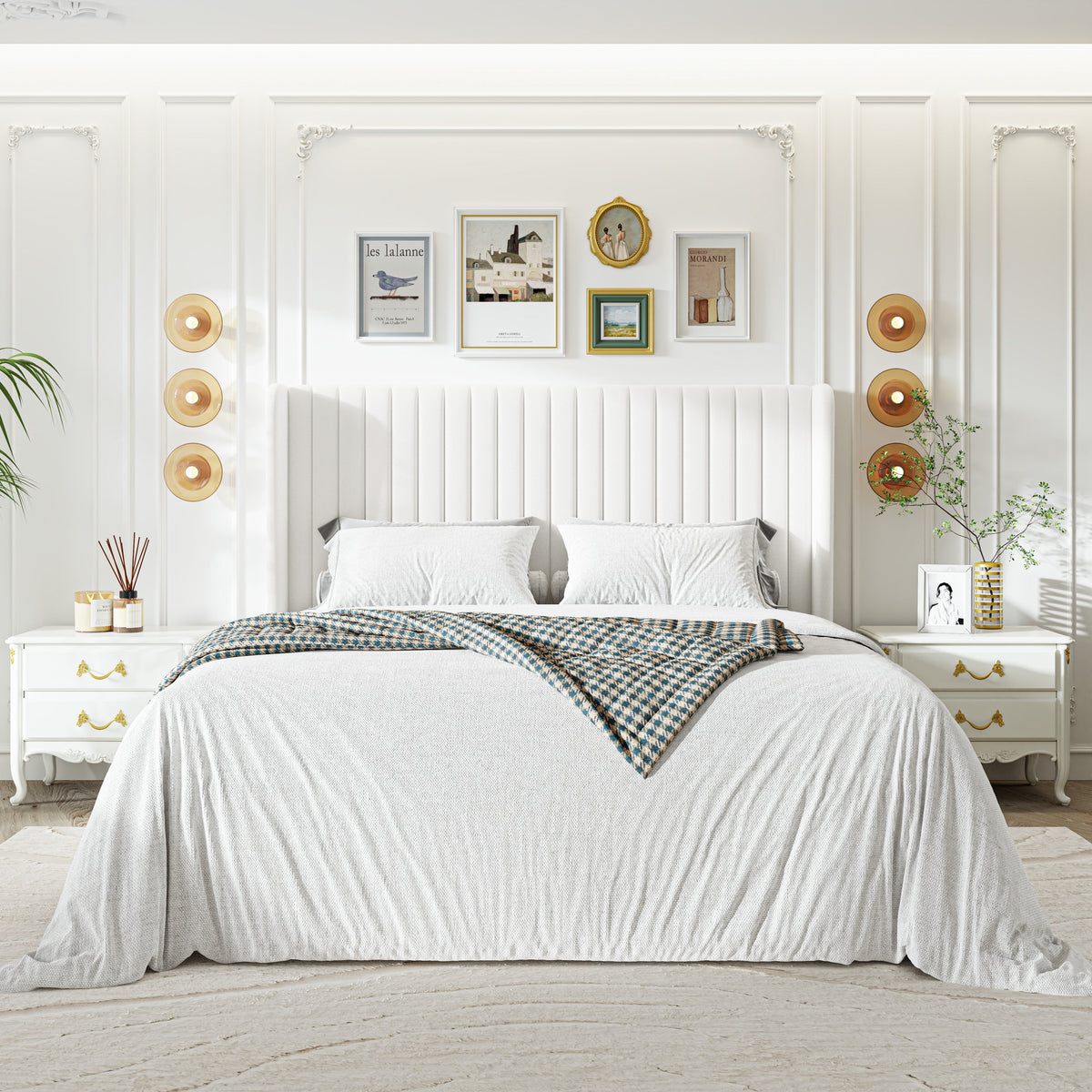 Sha Cerlin Queen Size Upholstered Platform Bed Frame with Velvet Channel Wingback Headboard, Off White