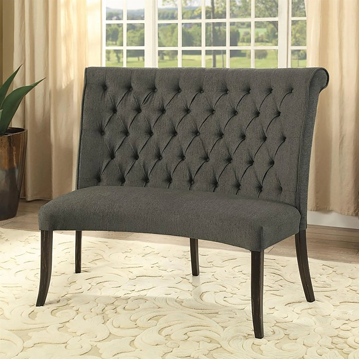 Furniture of America Landon Transitional Fabric Tufted Loveseat Bench in Gray