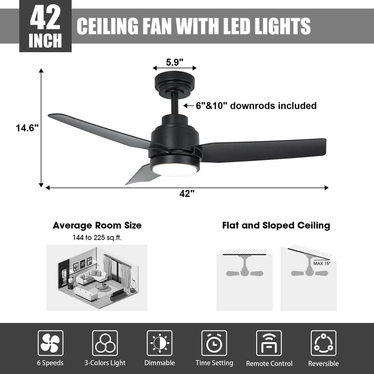 42" Modern Gold Dimmable Ceiling Fan DC Motor Indoor 3-blade LED Ceiling Fan with Remote