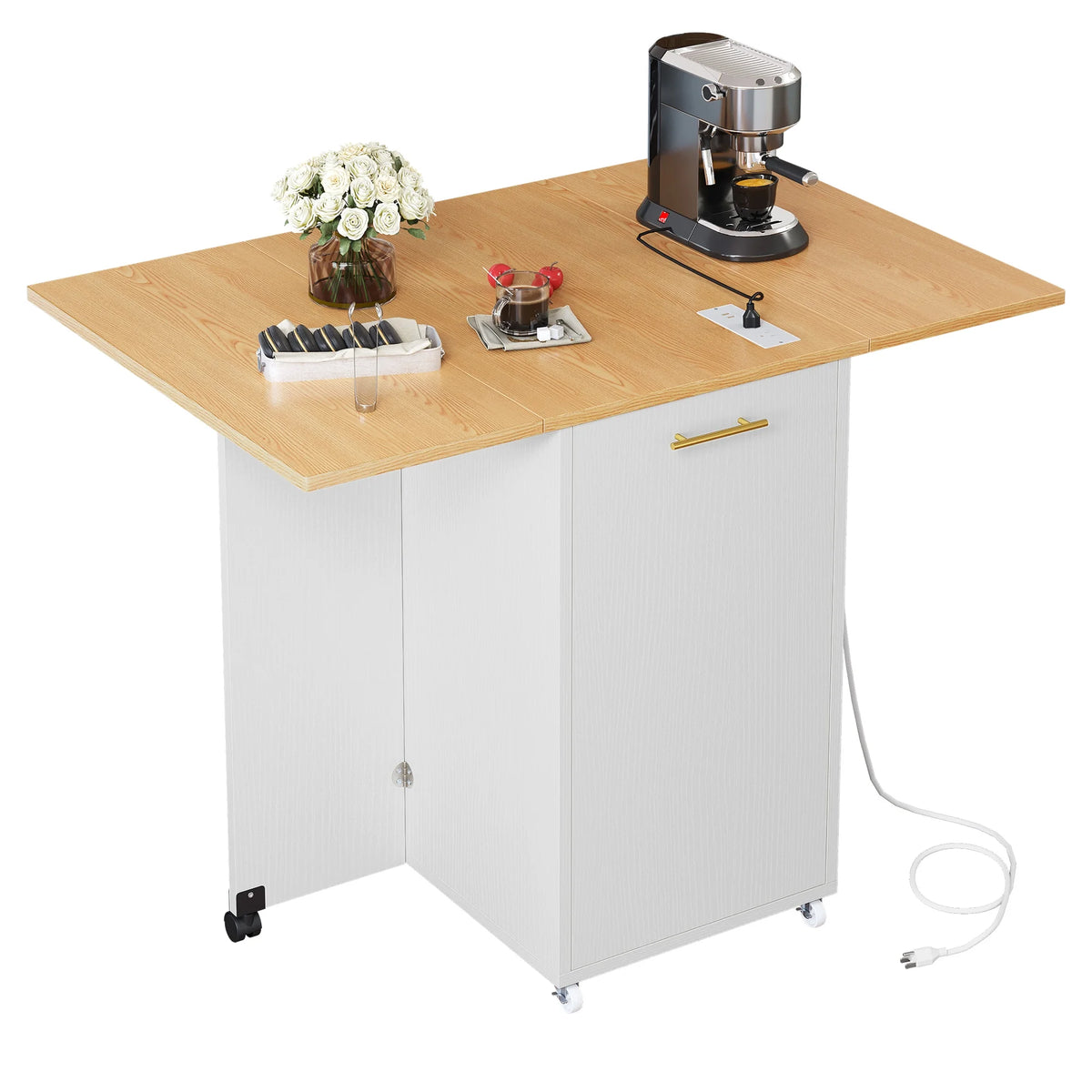 Uforic Kitchen Island with Drop Leaf, Kitchen Storage Cart with Power Outlets, Cabinet for 10-Gal Trash Bin, White