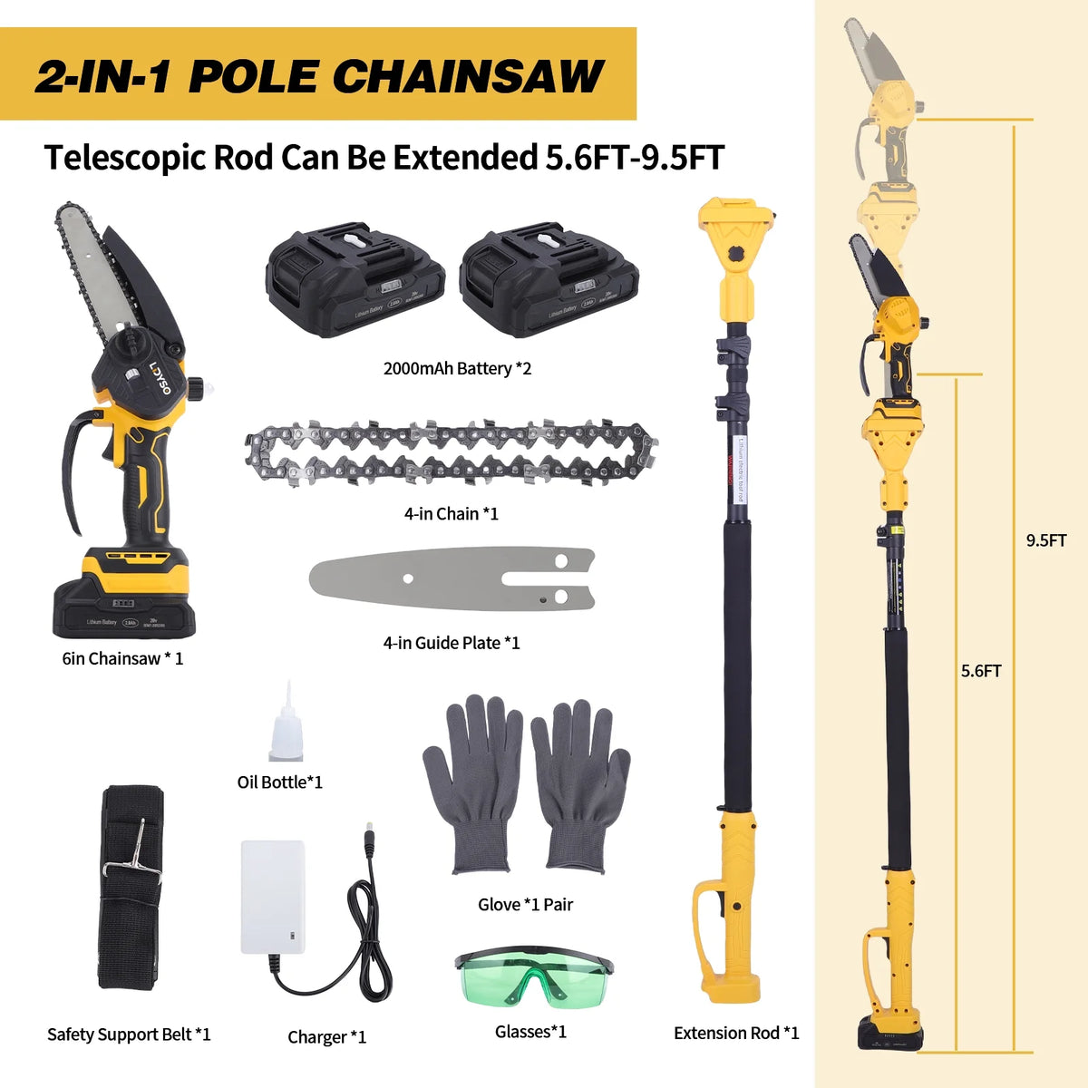 2-in-1 Brushless Cordless Pole Saw,6in + 8in Mini Chainsaw & Pole Saw with 2pcs 2.0A Batteries, 13.6ft Max Reach Brach Tree Saw Telescoping Extension Rod for Wood Tree Trimming Wood Cutting��Red
