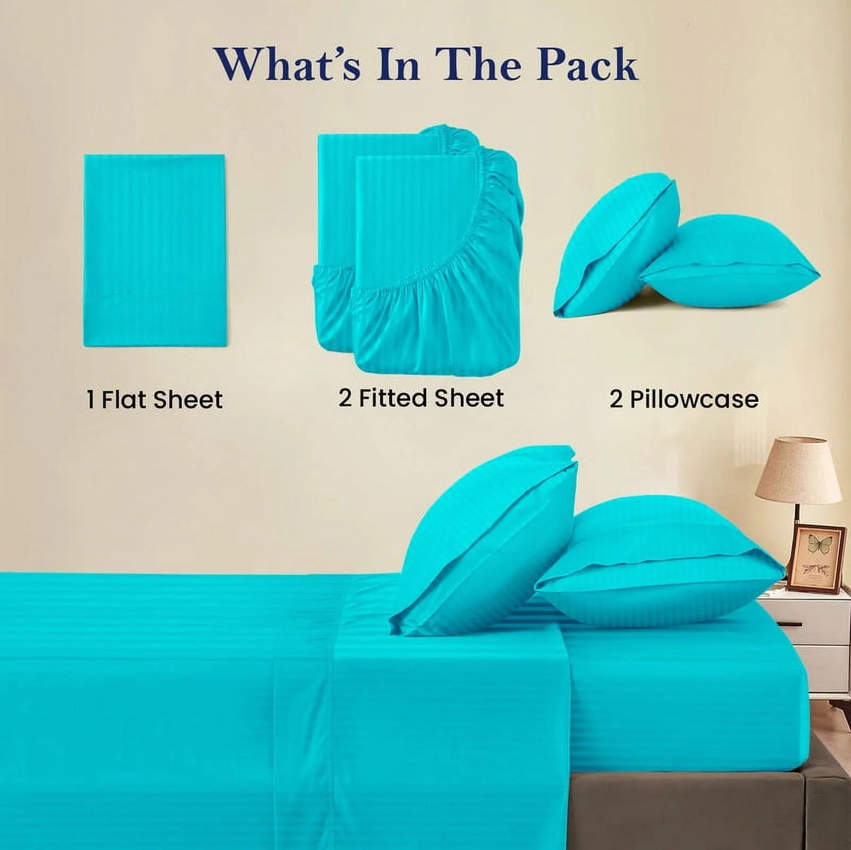 5-Piece Split Queen Sheet Set, 800 Thread Count, 100% Egyptian Cotton, Color Aqua Blue Stripe Pattern, Fits 16-Inch Deep Mattresses