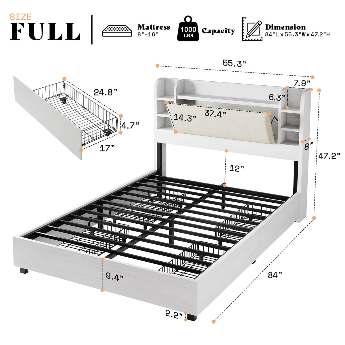 PLAUIN King Size Bed Frame with Storage Drawers, 47.2" Headboard and Wooden Platform, Grey