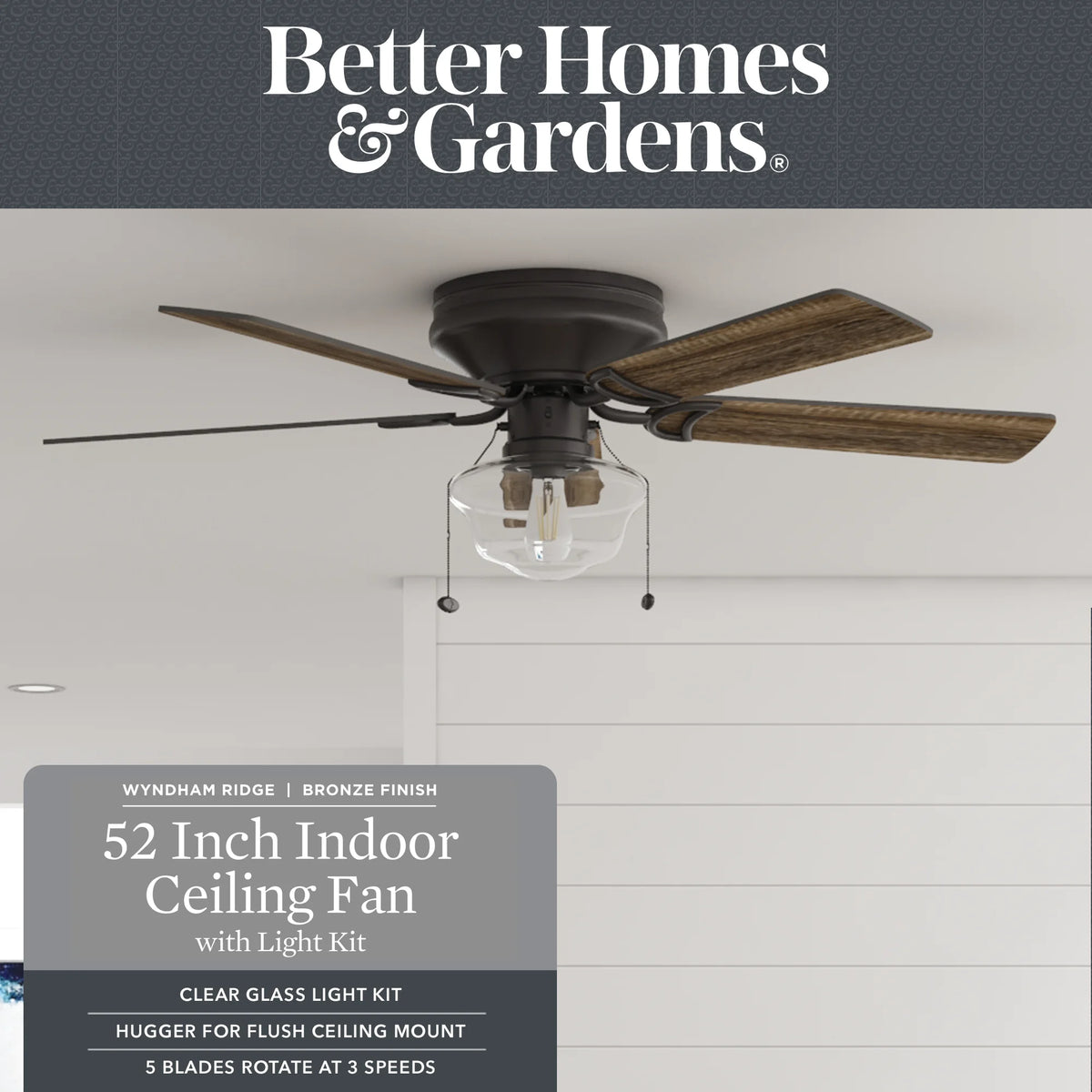 Better Homes & Gardens Wyndham 52" Bronze Ceiling Fan with Light, 5 Blades, Pull Chains & Reverse Airflow