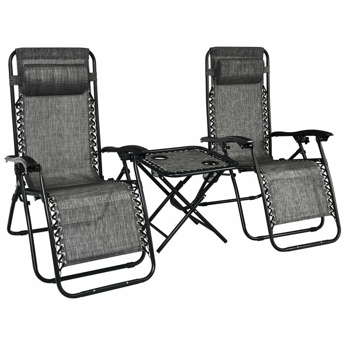 Gymax 3PC Zero Gravity Reclining Lounge Chairs Pillows Table Portable Folding Beige