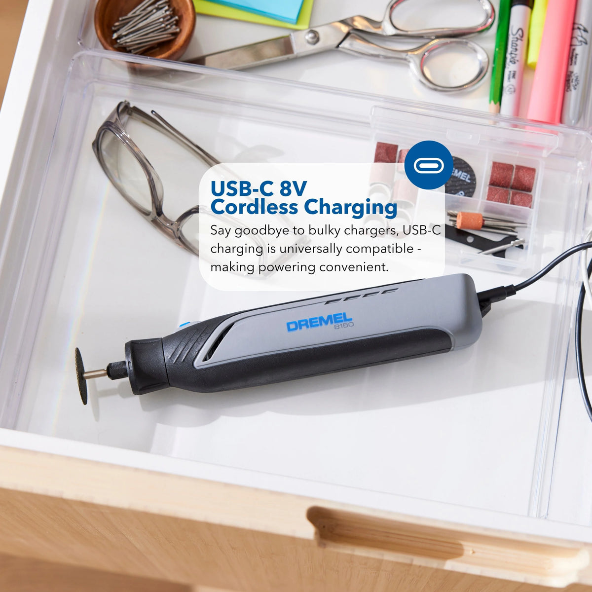 Dremel 8150-N/20 8V-Cordless Variable Speed Rotary Tool, Integrated 2Ah Battery, LED Nose Cap Light, 20 Accessories
