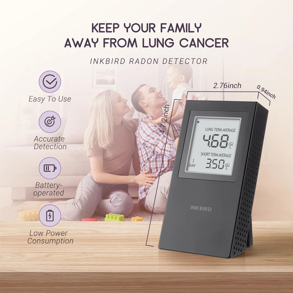 Inkird Home Radon Detector, Portable Radon Meter, Short-Term and Long-Term Accurate  Monitoring 2-Year Battery,White