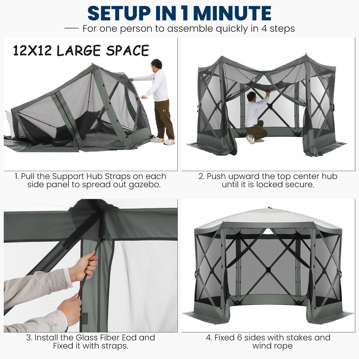 COBIZI 12x12ft Pop-up Gazebo Screen Tent Screen House with sidewalls and Mosquito Netting for Camping, Waterproof, UV Resistant, EZ Set-up Party Canopy with Carrying Bag and Ground Stakes, Brown
