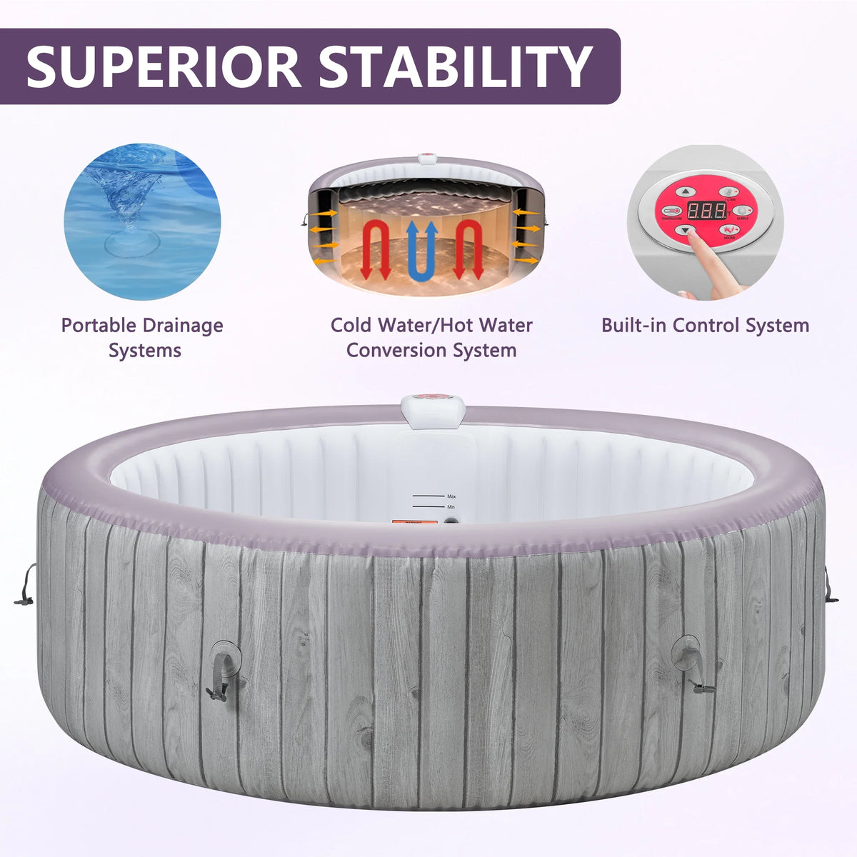 Portable Inflatable Hot Tub with Built-in Heating System - 264 Gallon Capacity, Massage Jet Home Hot Tub with Dust Cover for Teens and Adults, Wood Grain