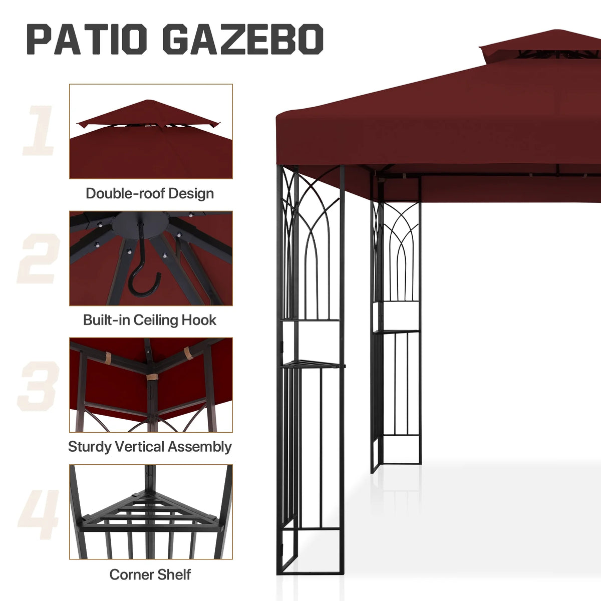 COOS BAY 8x8 Outdoor Patio Gazebo with Corner Shelves, Two-Tier Soft Top Canopy for Backyard, Lawn, Deck and Garden, Gray