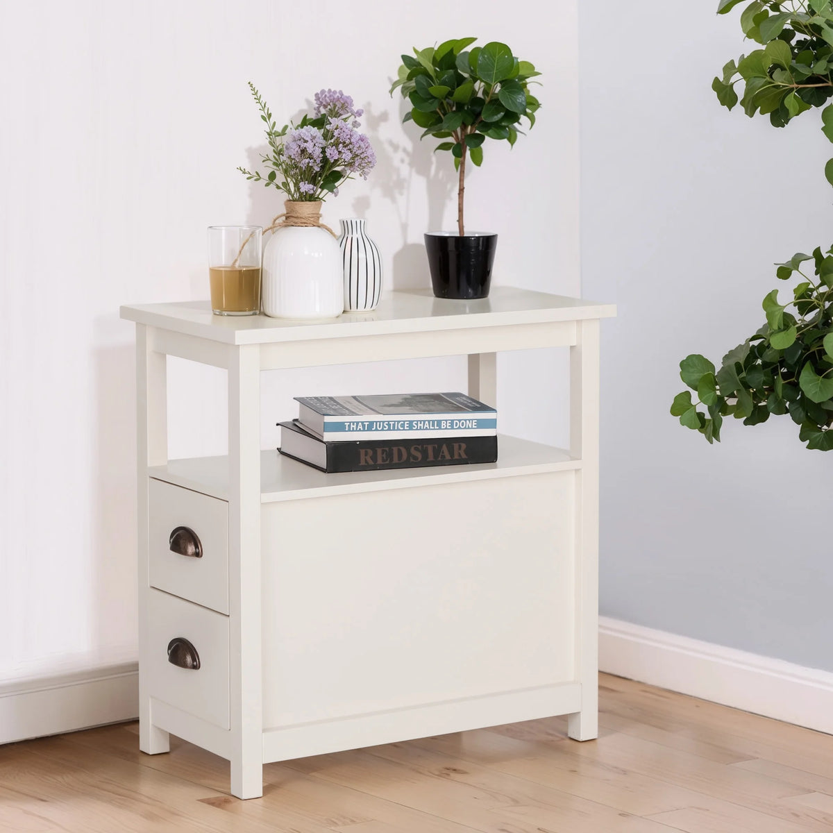 Alpha Joy Narrow End Table 4-Tier Small Side Table with 2 Drawers Nightstand Side Table Bedside Table Sofa Table, White, 2PCs