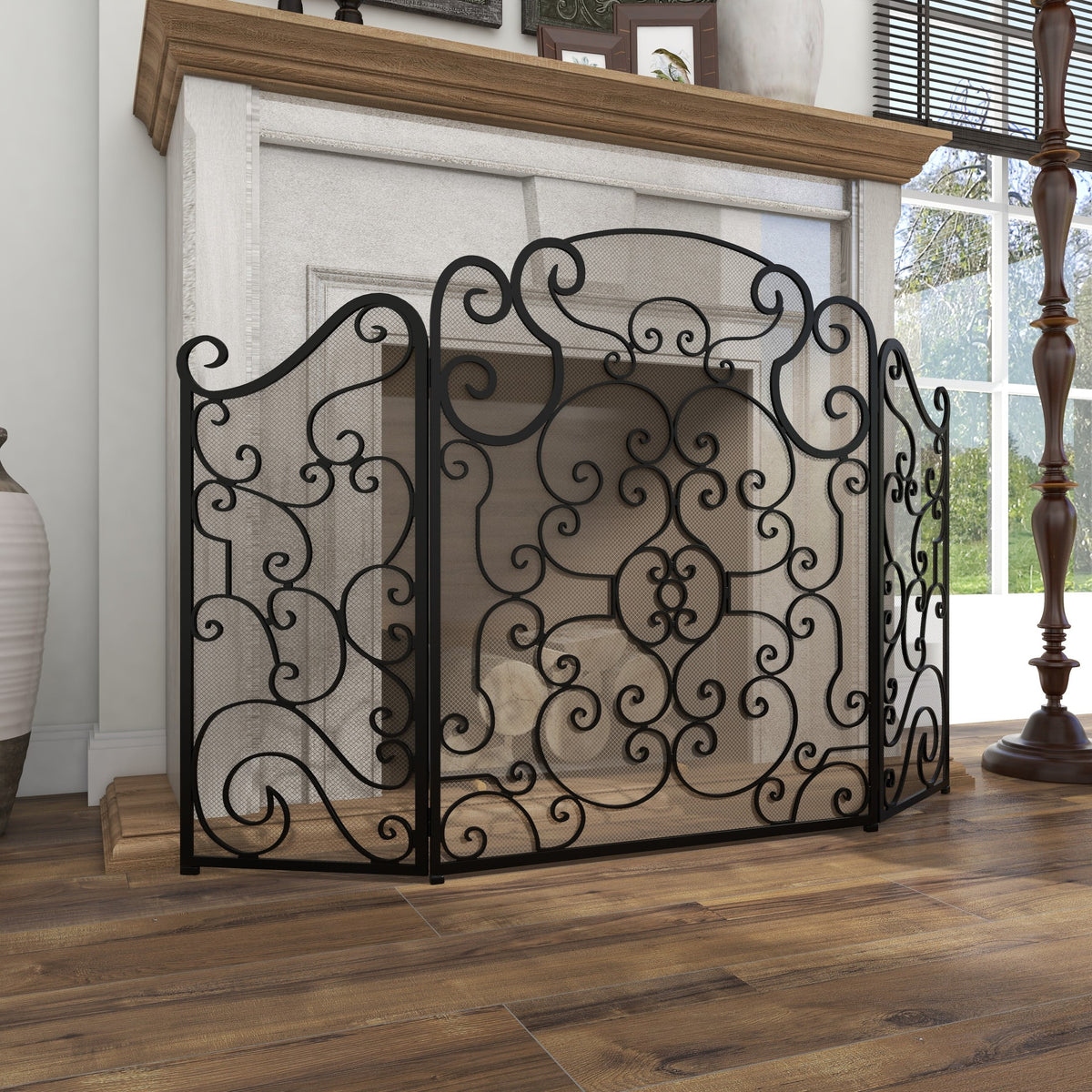 DecMode Black Traditional Metal 3 Panel Foldable Fireplace Screen with Mesh Netting and Scroll Pattens, 52"W x 35"H