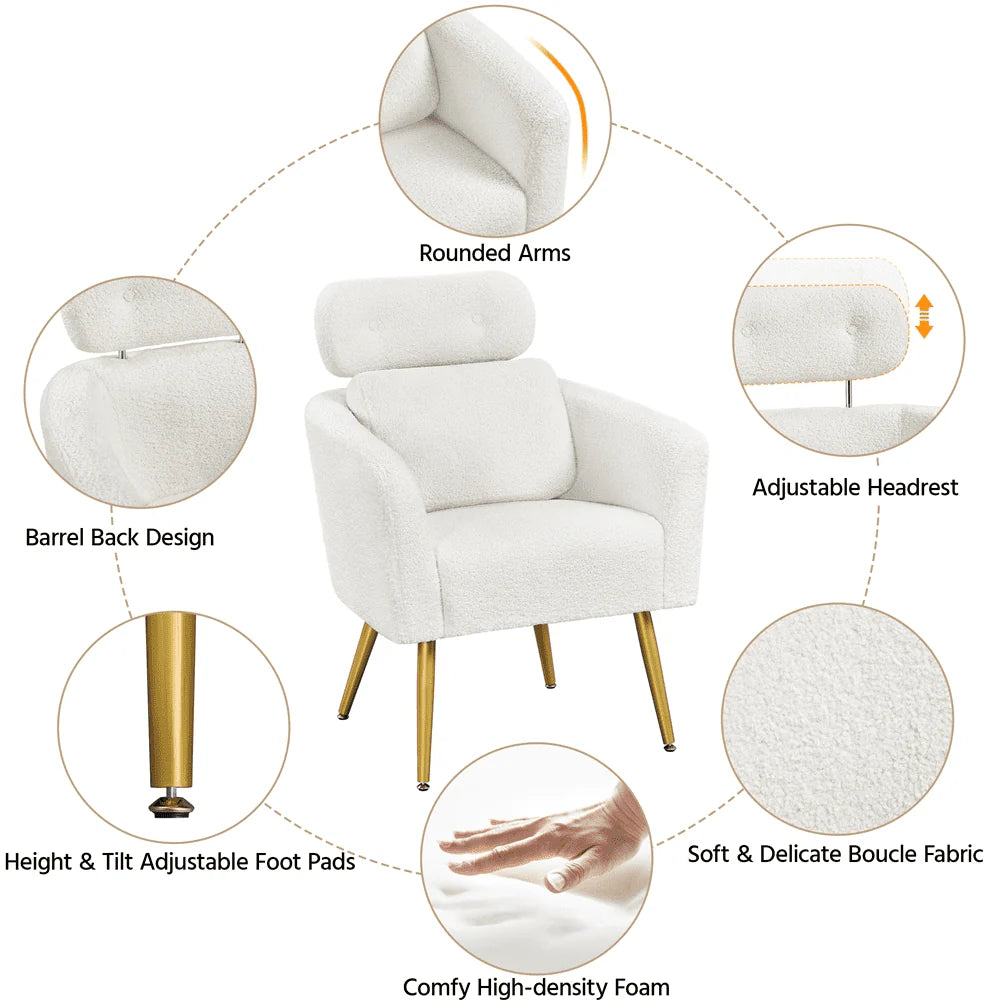 Yaheetech Upholstered Boucle Barrel Accent with Adjustable Headrest,White