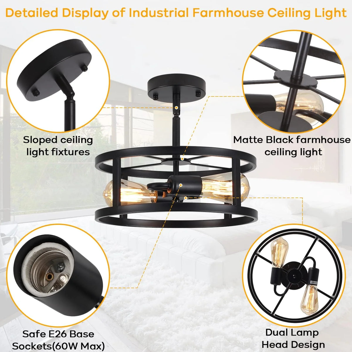 Industrial Black Semi Flush Mount Ceiling Light,Farmhouse Kitchen Light Fixtures,2 Light Metal Ceiling Light Fixture,Sloped Ceiling Light Fixture for Dining Romm Hallway Entryway