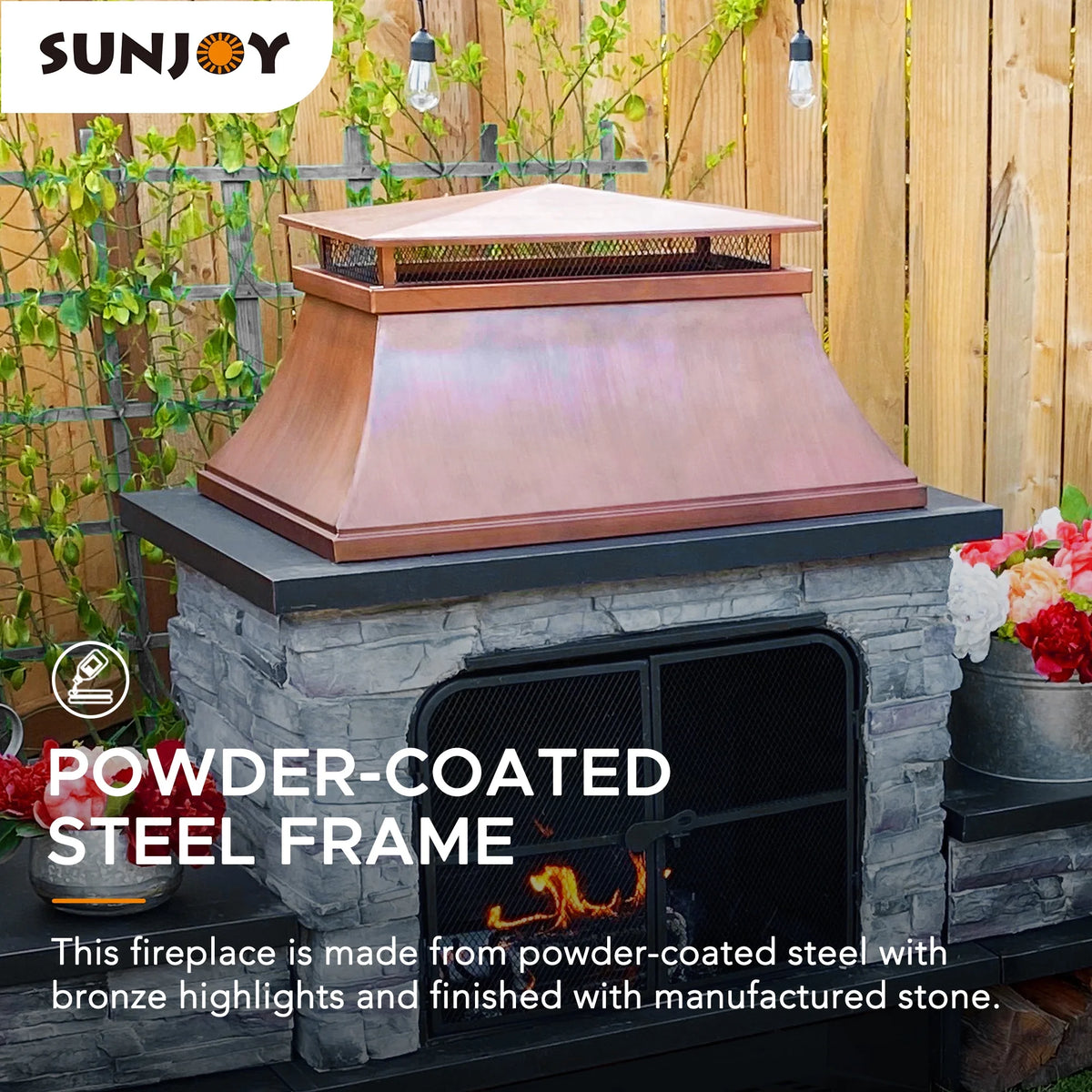 SUNJOY Outdoor 48 inch Steel Wood Burning Stone Fireplace with Fire Poker and Removable Grate