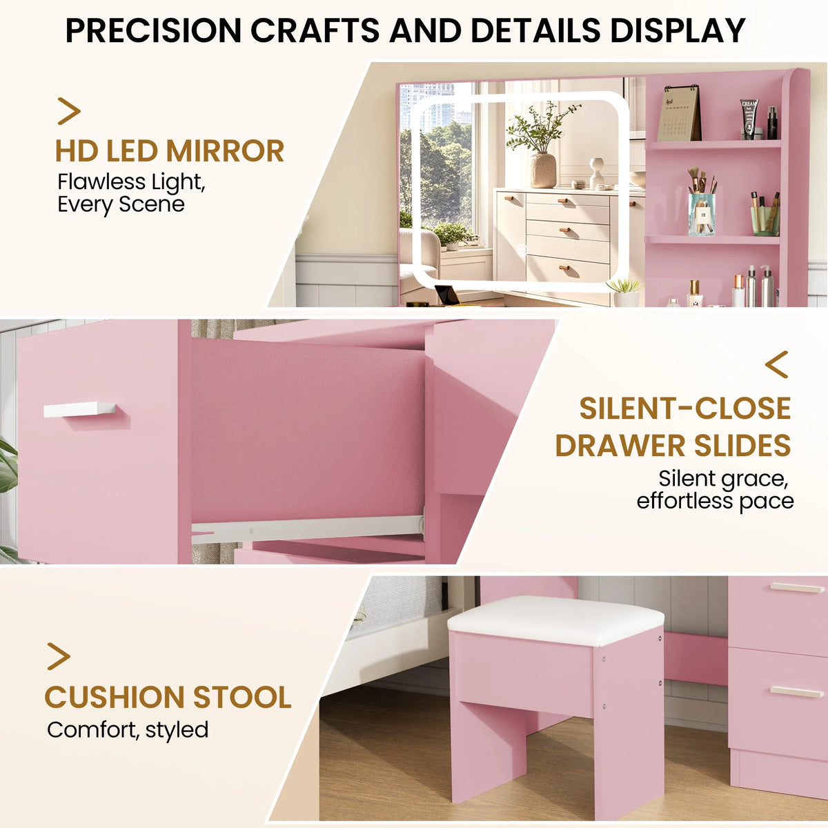 LIVELYGLOW Vanity Desk with Mirror and Lights, Makeup Vanity with Drawer & Storage Shelves, Cabinet, 3 Lighting Modes Adjustable Brightness,White